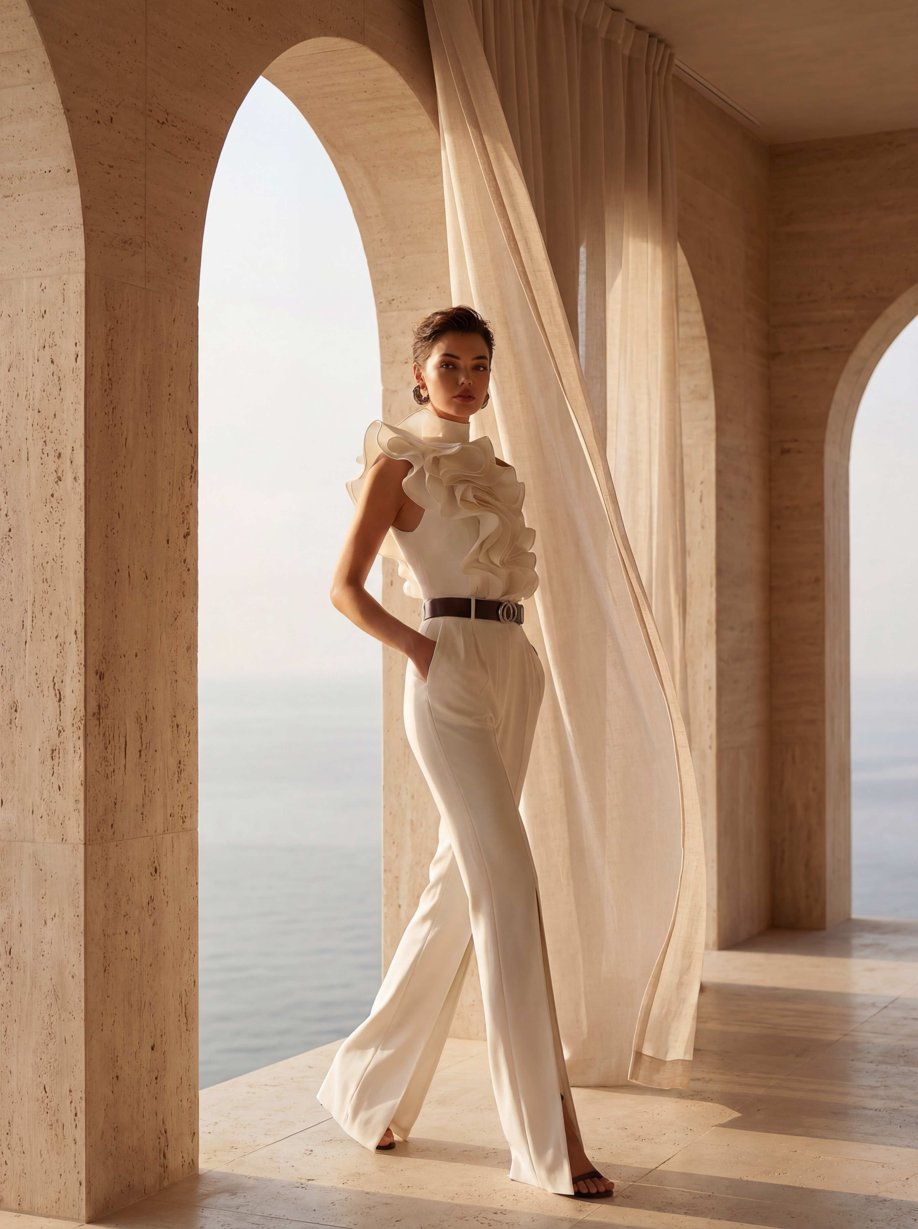Standing between travertine arches, ocean behind, backlit curtains