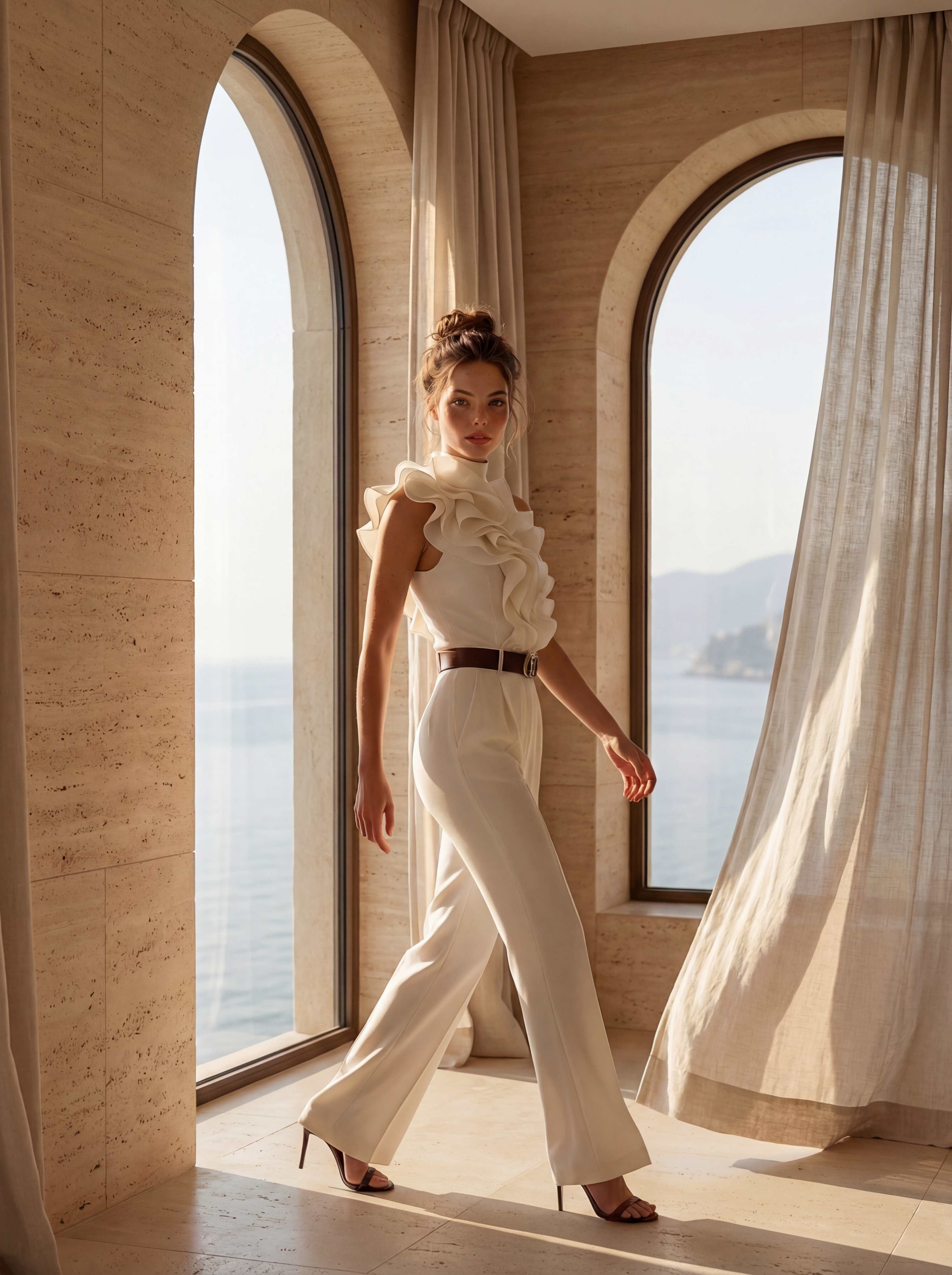 Twin arched windows, walking mid-stride, billowing curtains, full body