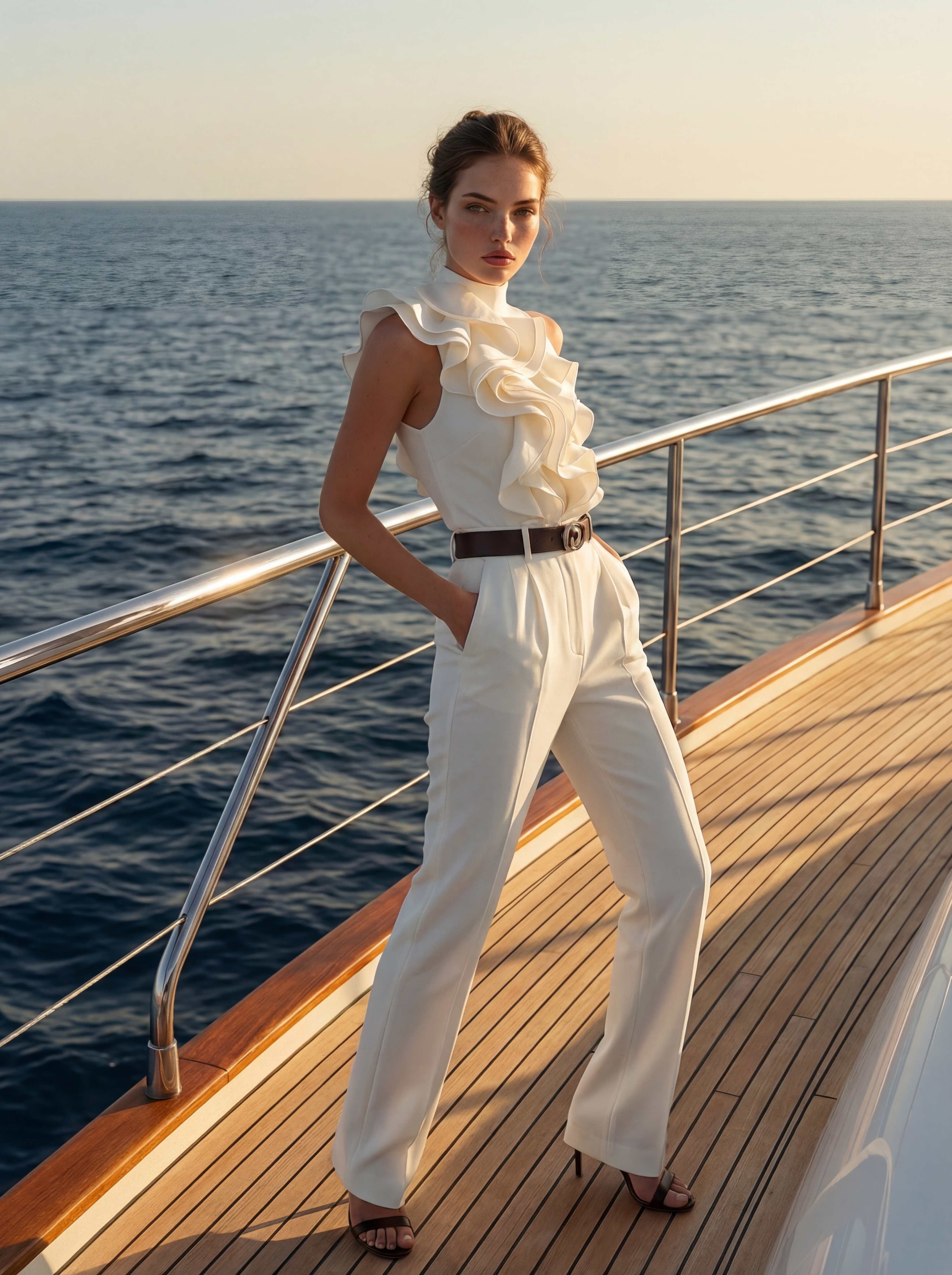 Yacht full body, standing on teak deck, railing, ocean at dusk