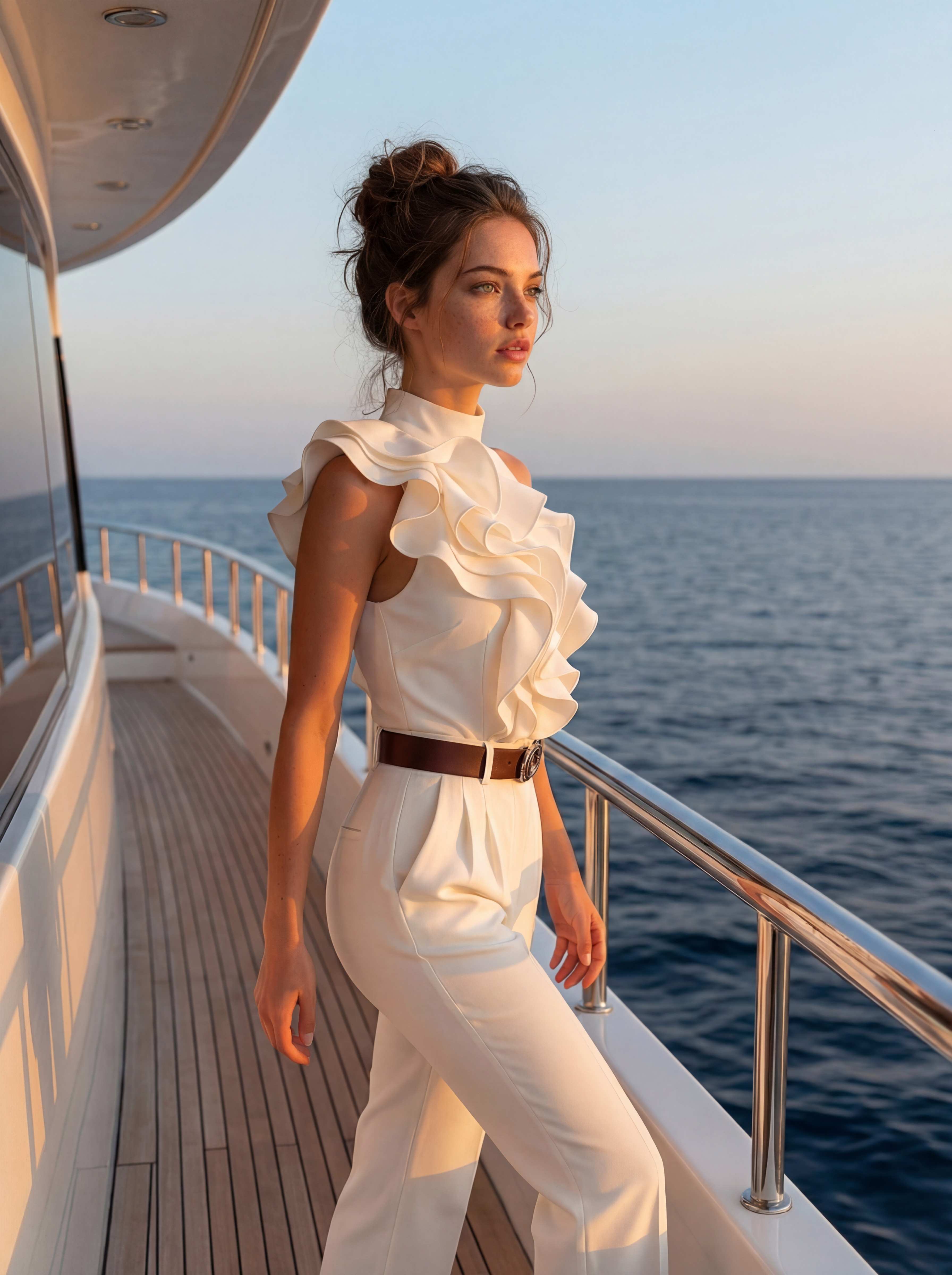 Yacht side deck, three-quarter view, ruffled top, leaning on railing, dusk ocean