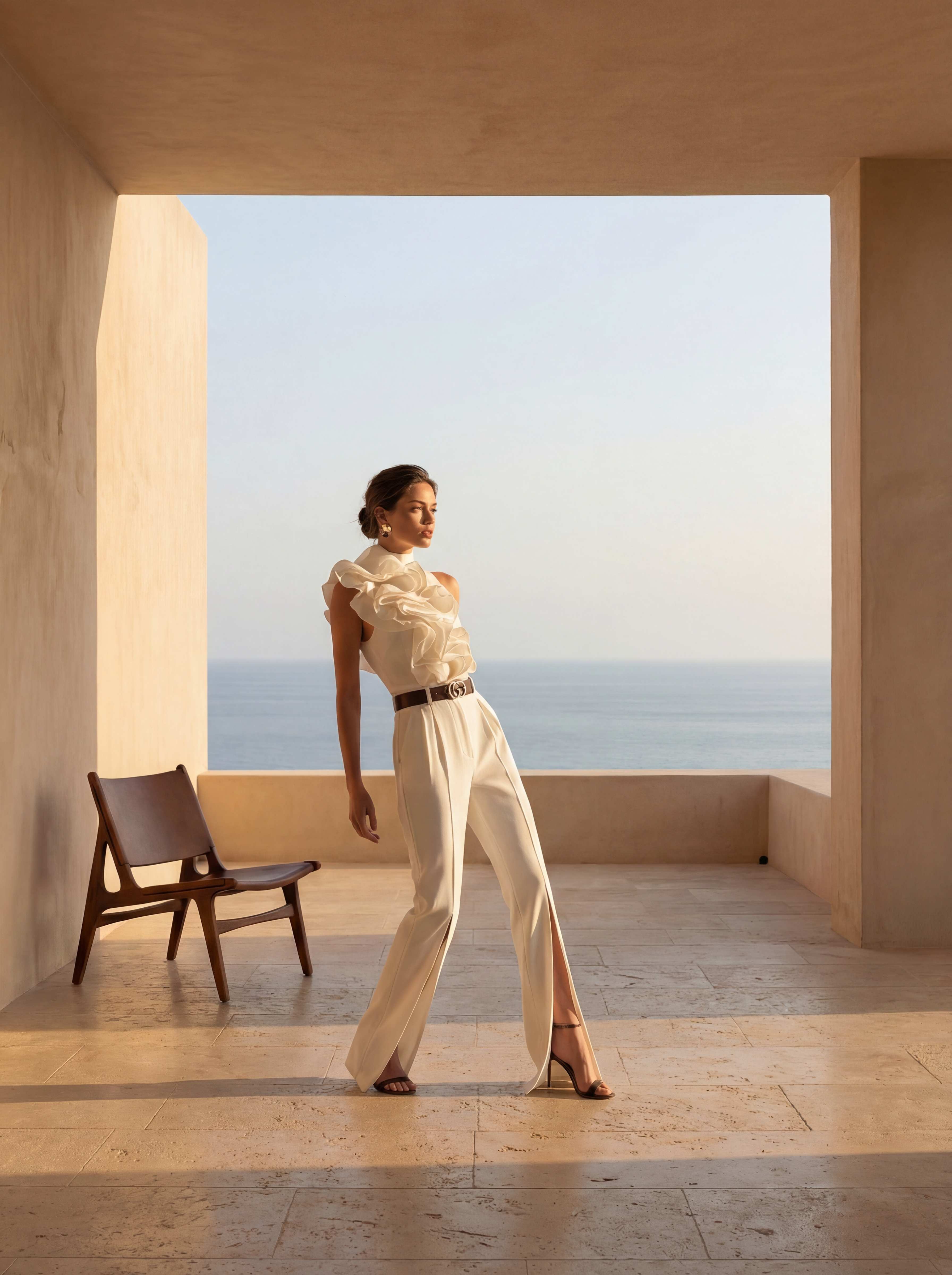 Terrace with wooden lounge chair, full body standing, looking away, ocean behind