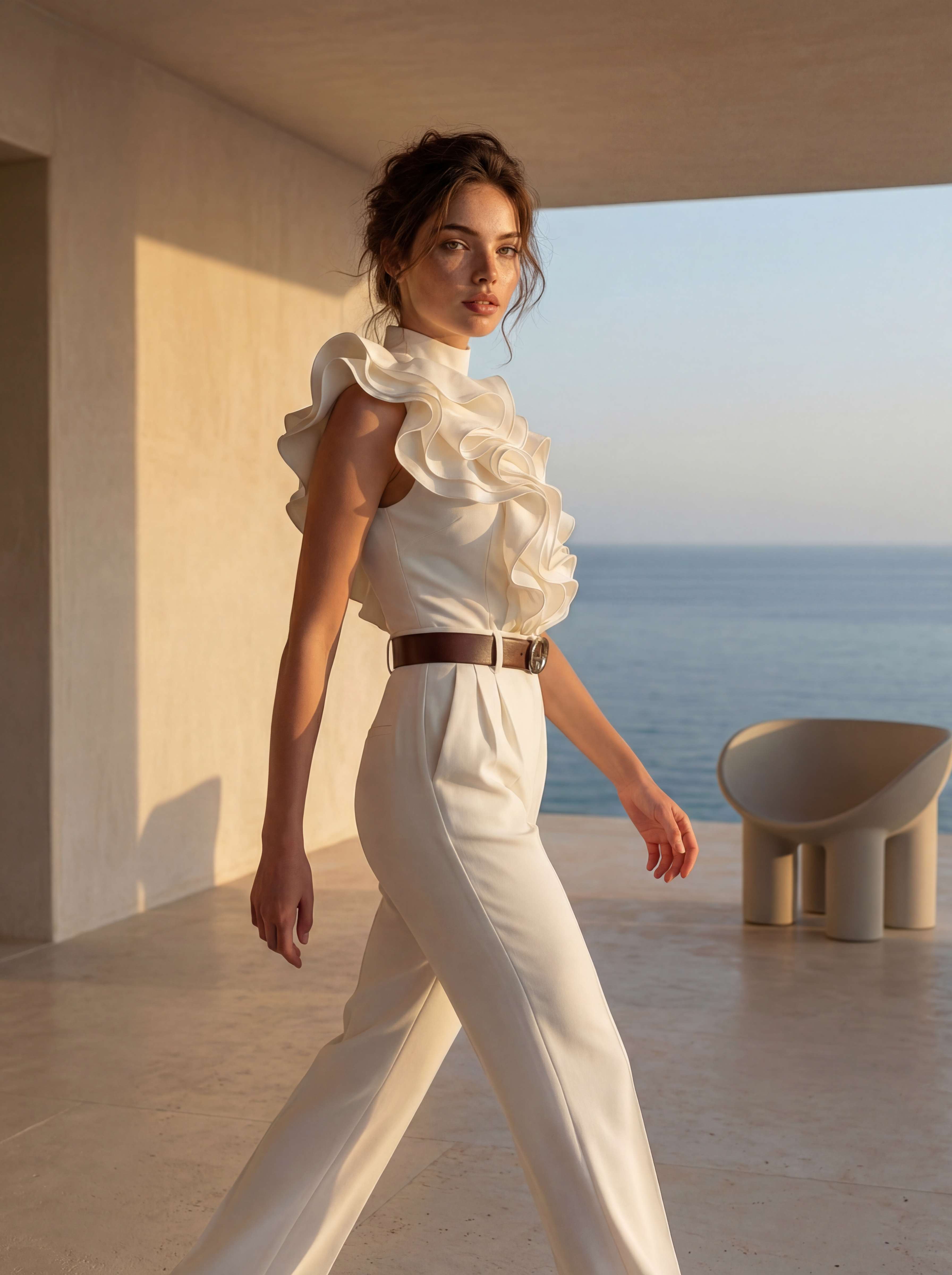 Terrace walking mid-stride, sculptural chair behind, ocean, three-quarter crop