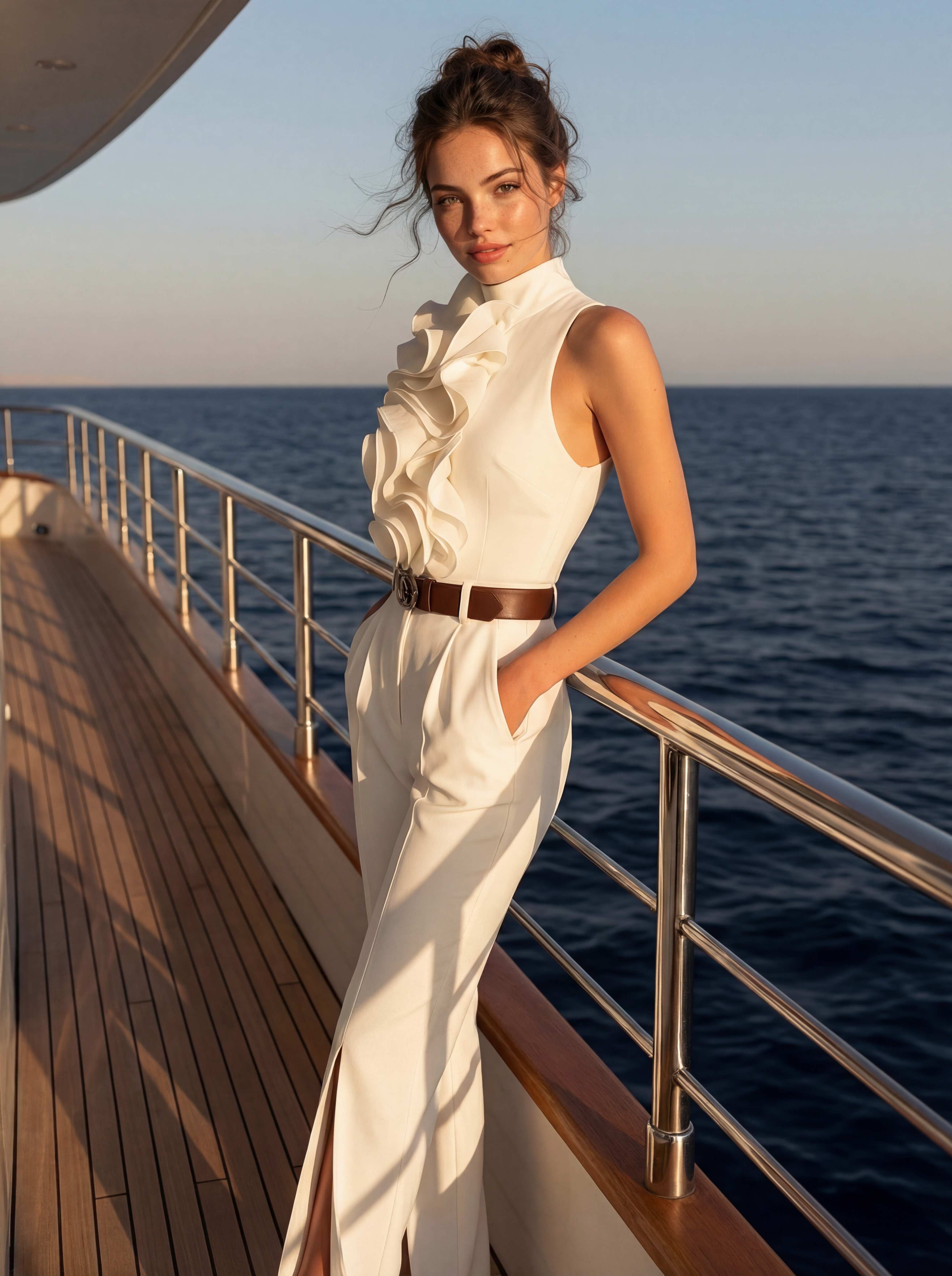 Yacht railing, three-quarter view, hands in pockets, relaxed smile, ocean at dusk
