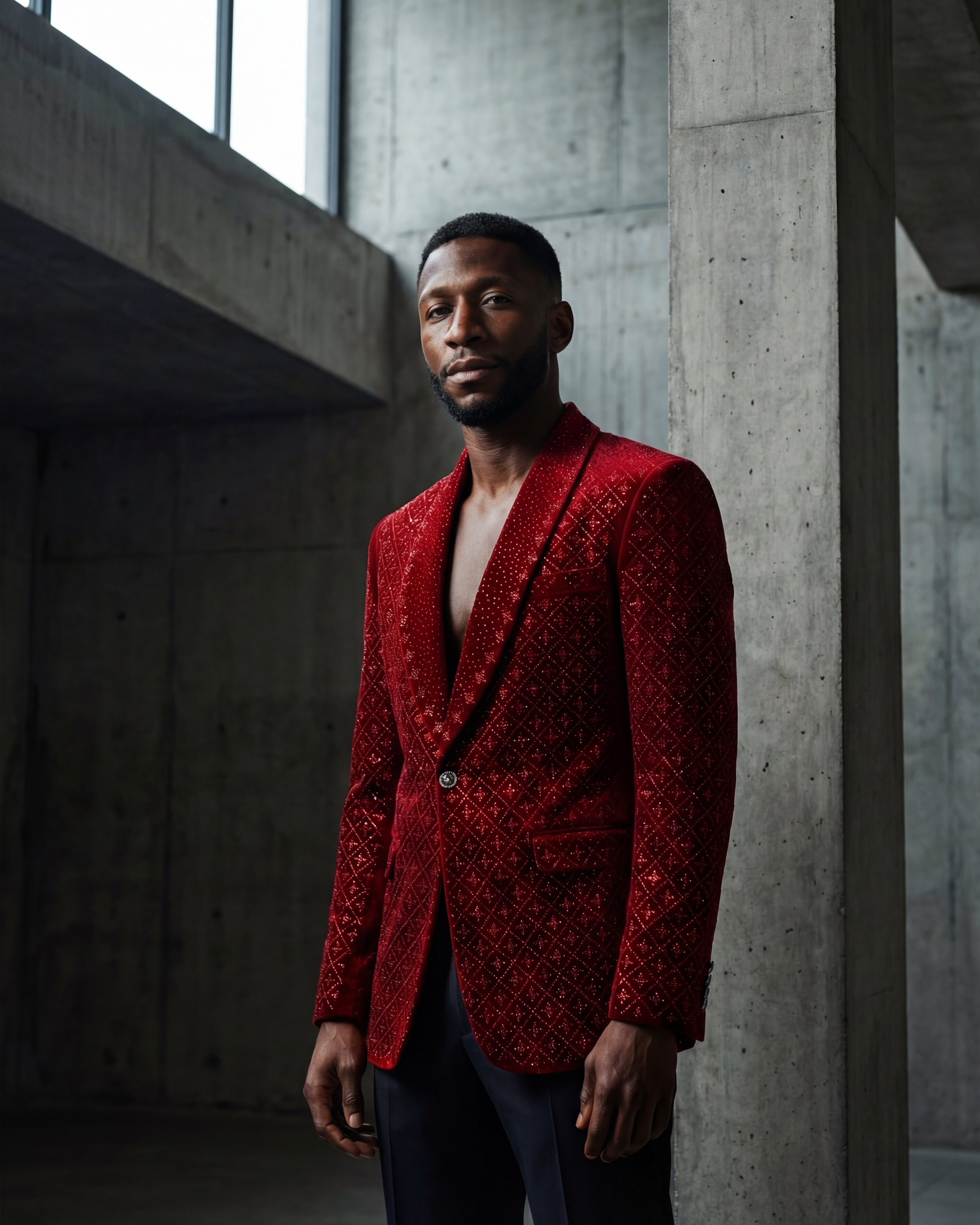 Red velvet embellished blazer against concrete