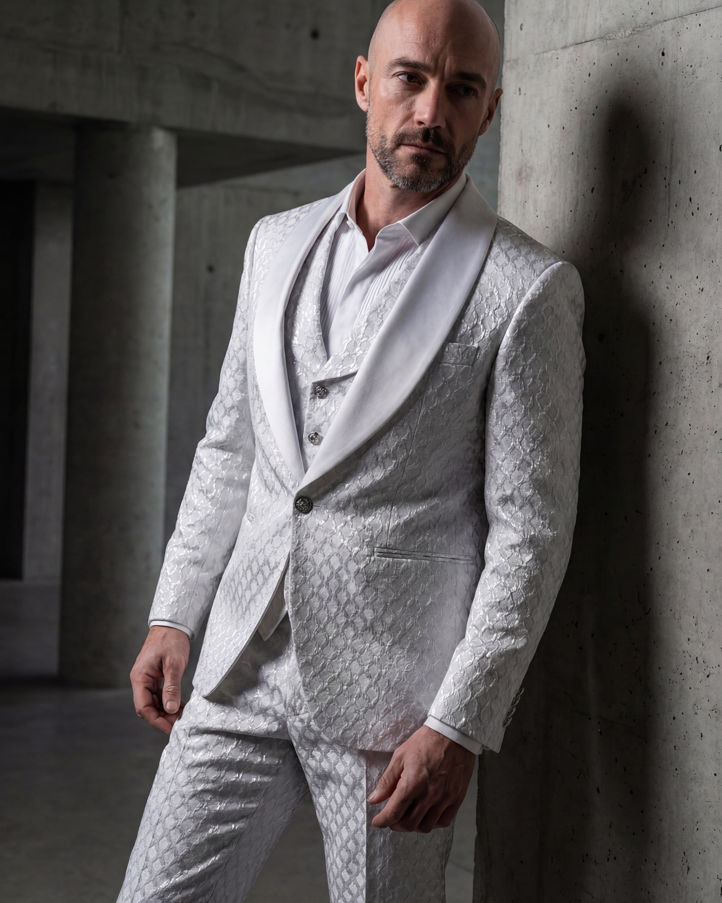 White jacquard three-piece portrait