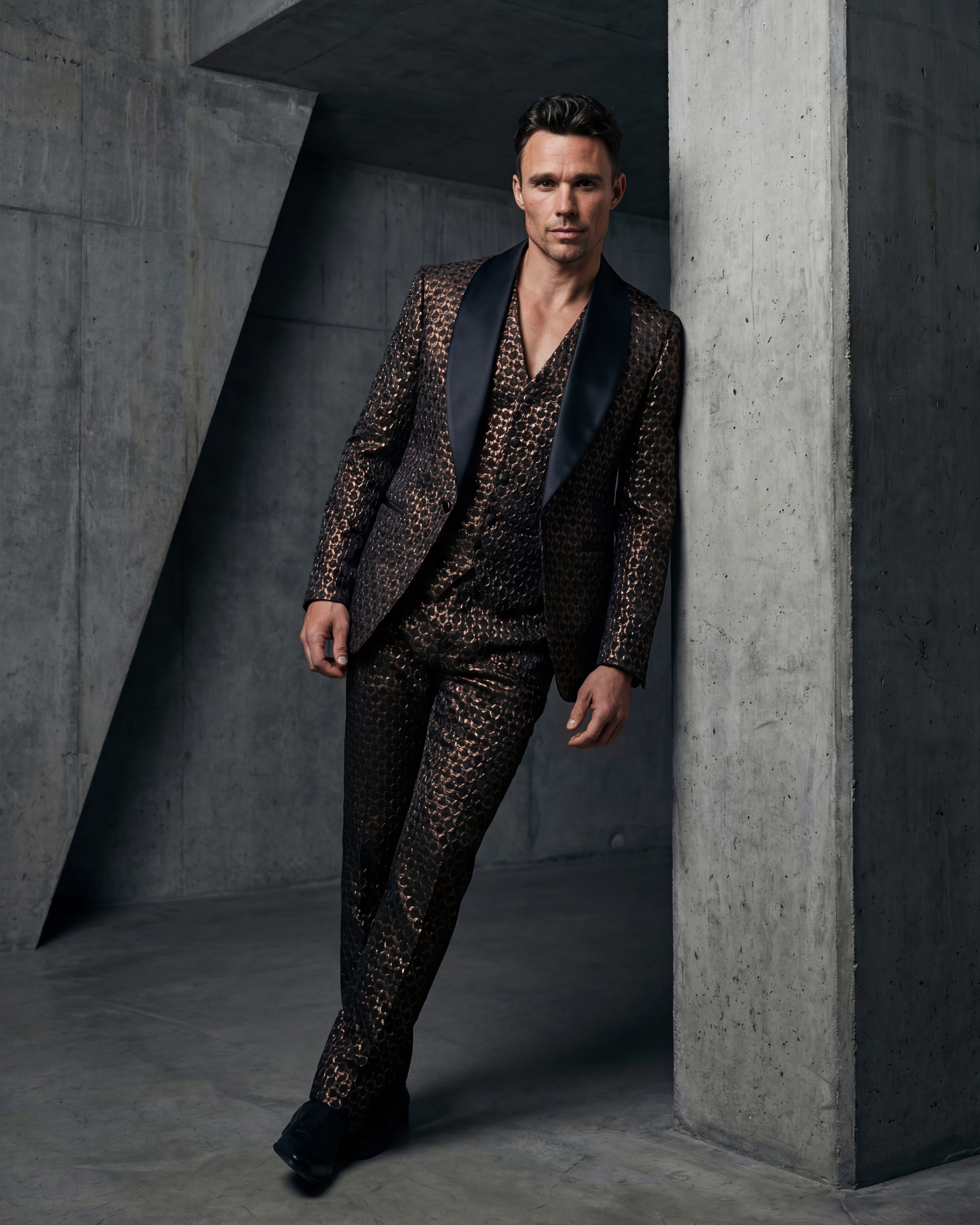 Full bronze suit in concrete corridor