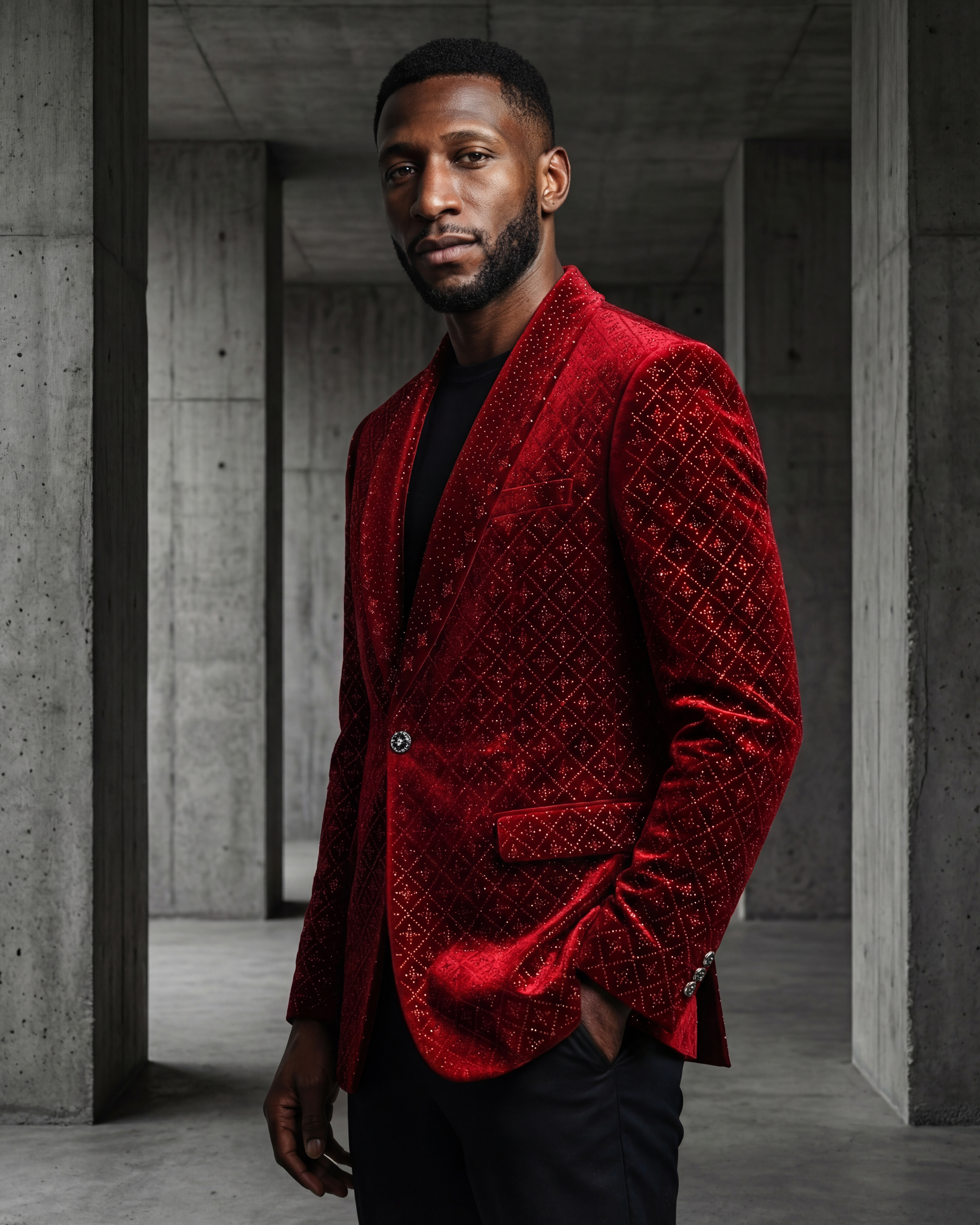 Red velvet blazer in concrete space