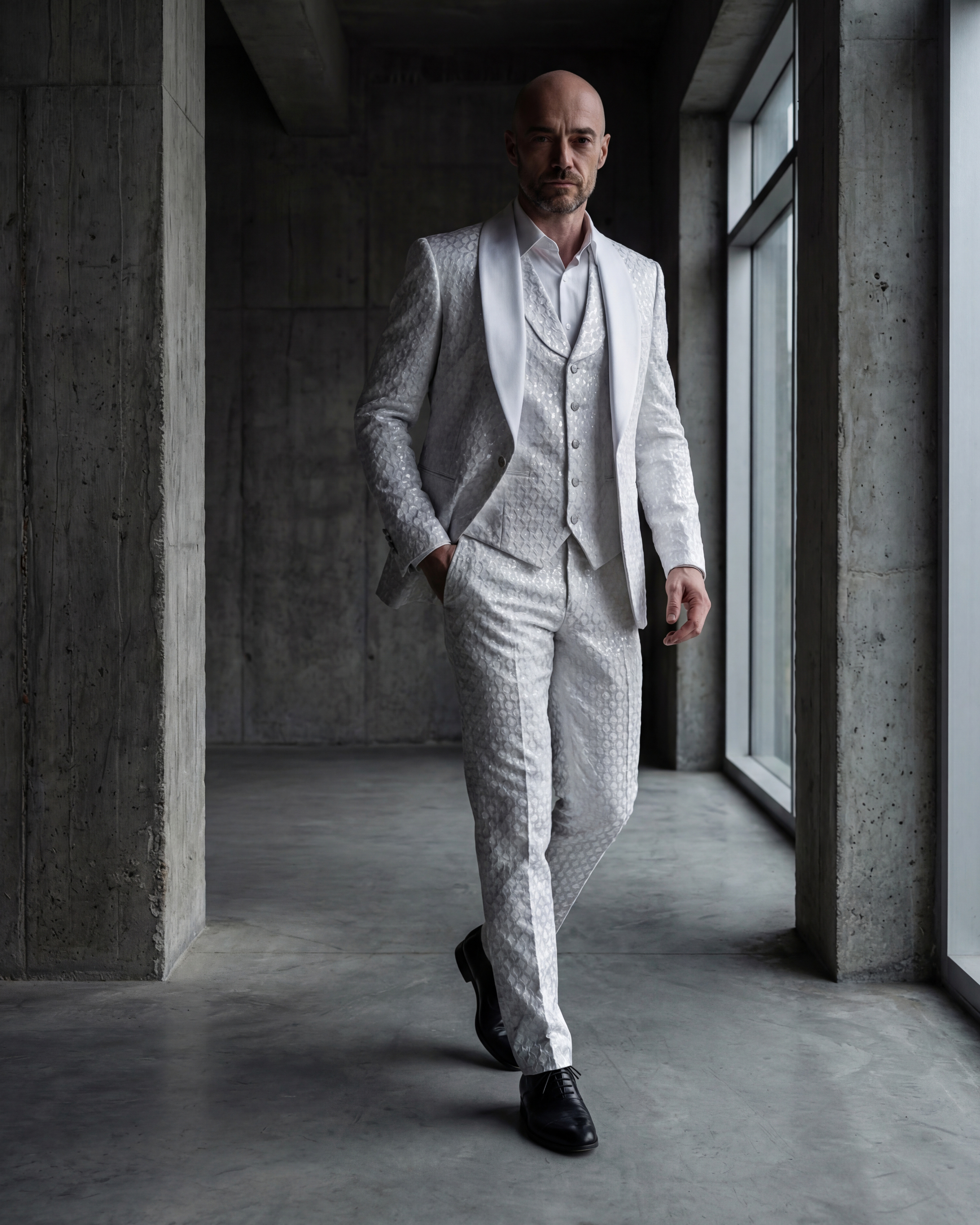 Silver suit walking through corridor