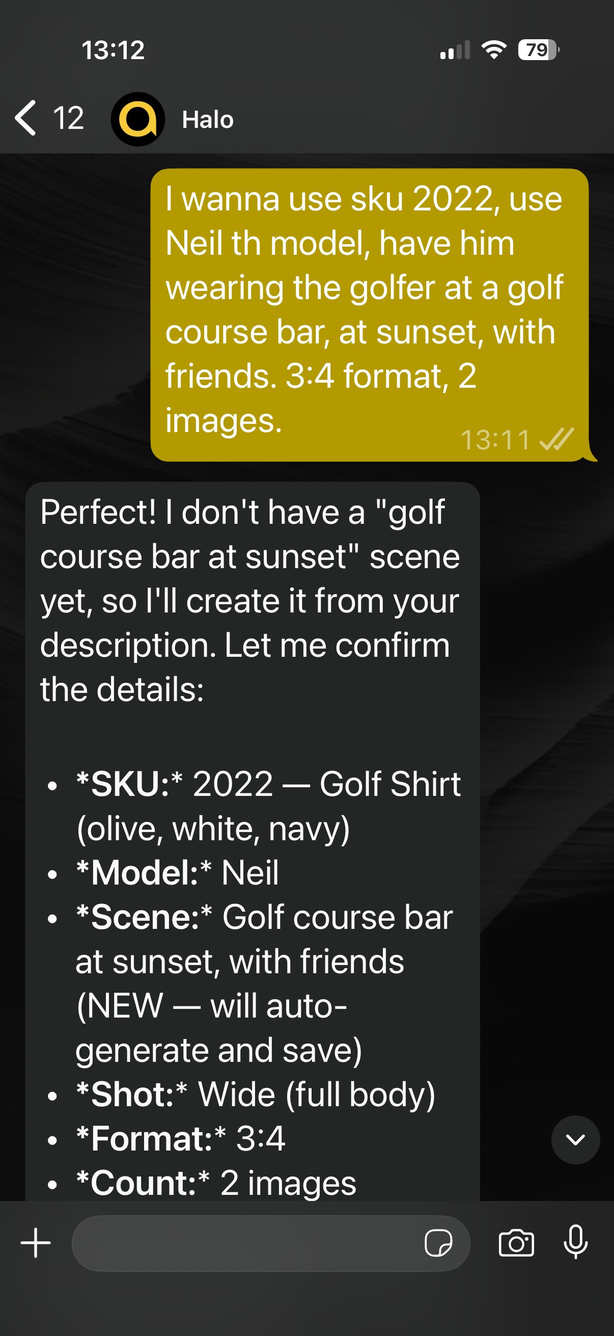 User requesting SKU 2022 with model Neil at golf course bar - Halo confirming all details