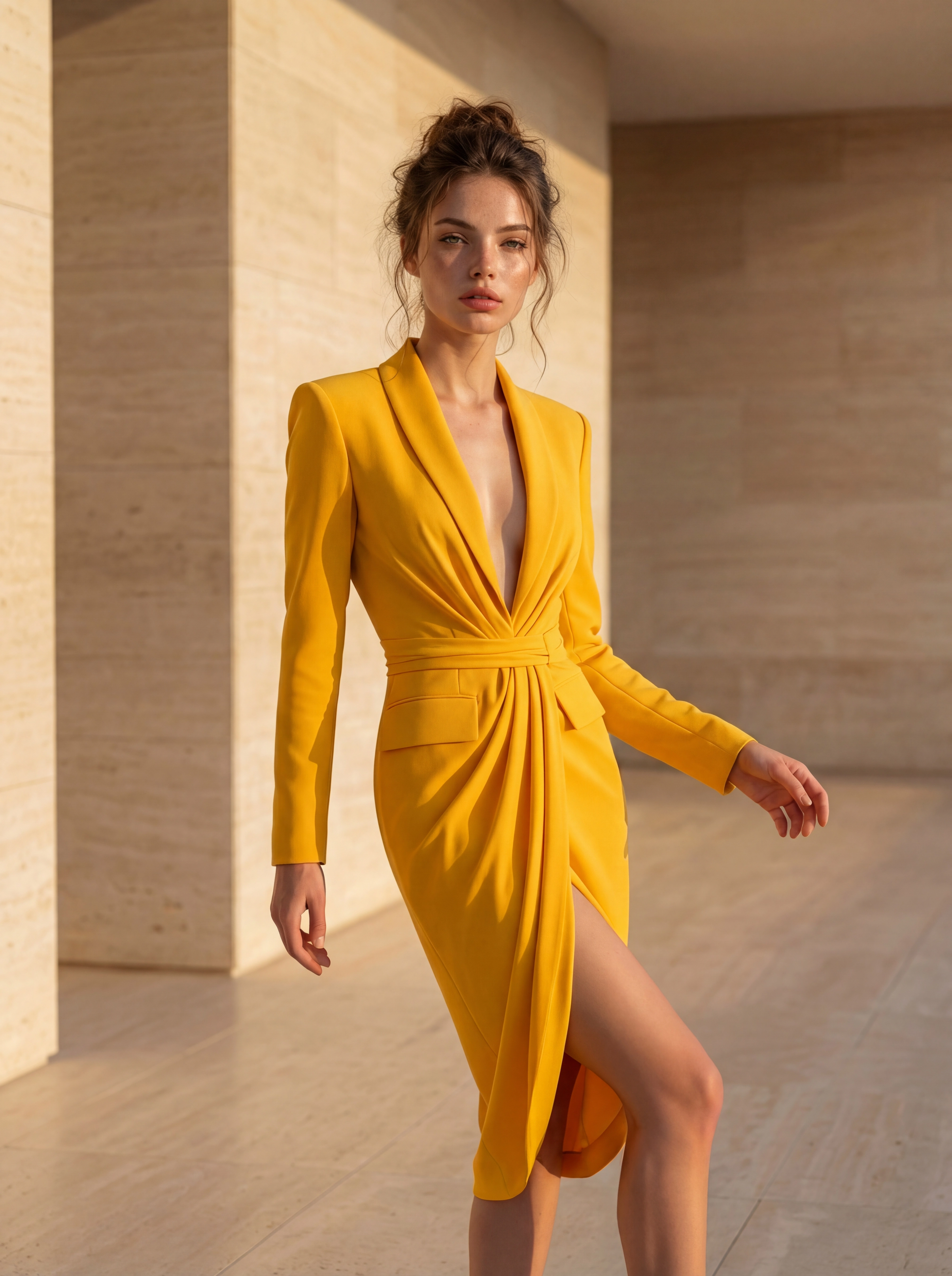 AI-generated on-model campaign image - the same dress now on a model in an architectural setting