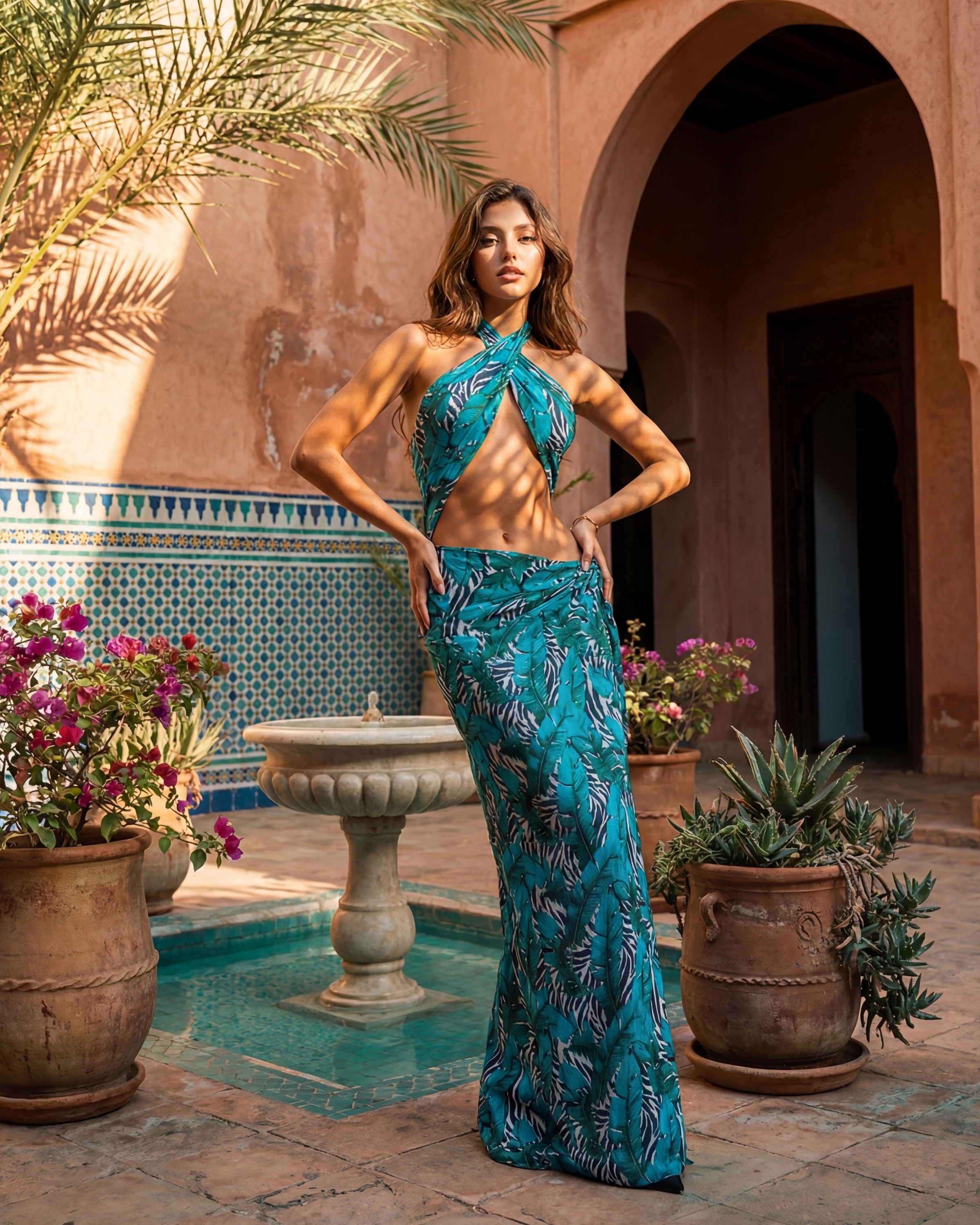 Teal palm print full length by fountain