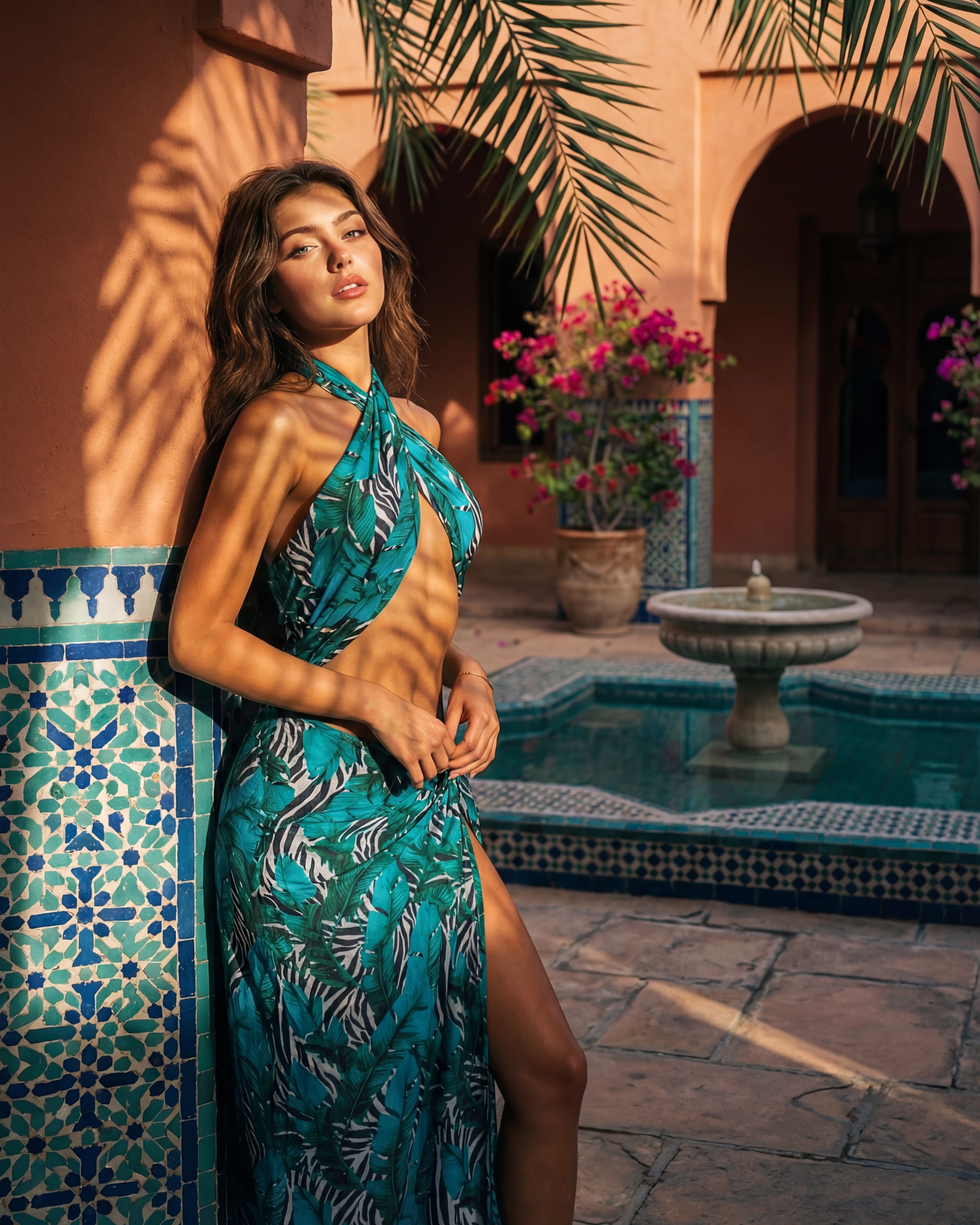 Teal palm print leaning against tiles