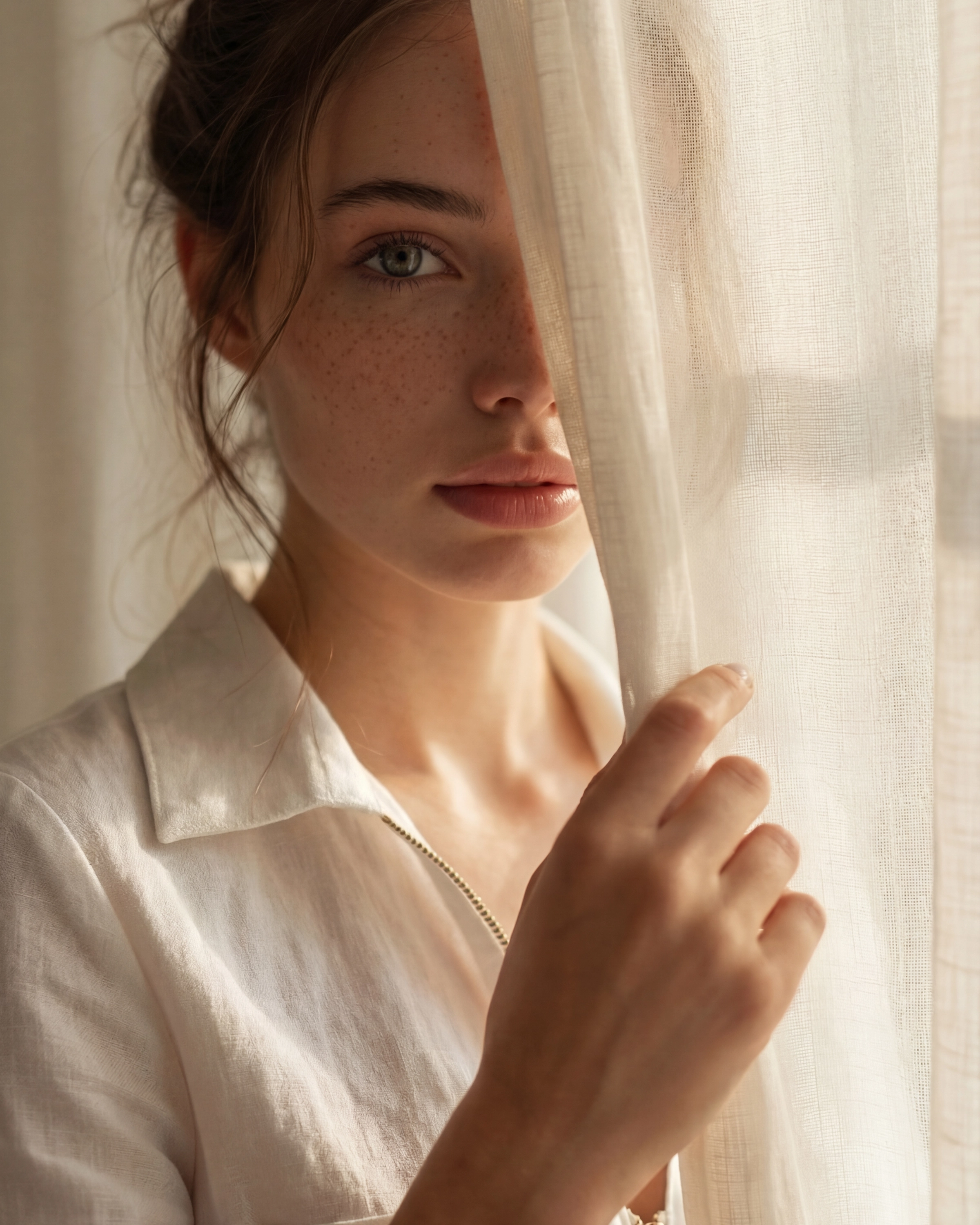 Intimate portrait through linen curtain