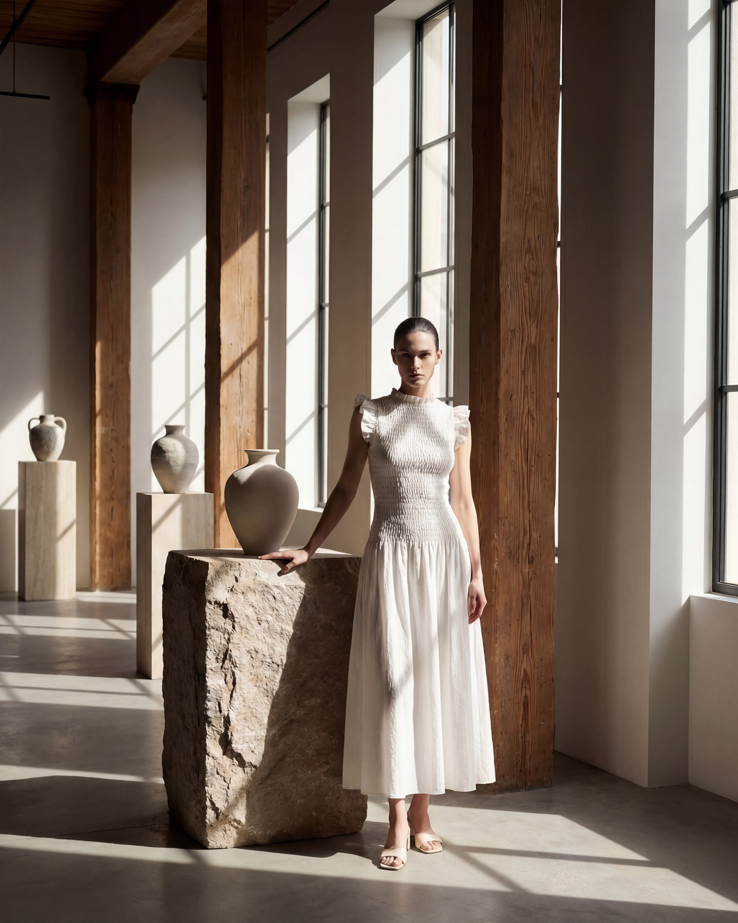 Smocked linen with sculptural ceramics