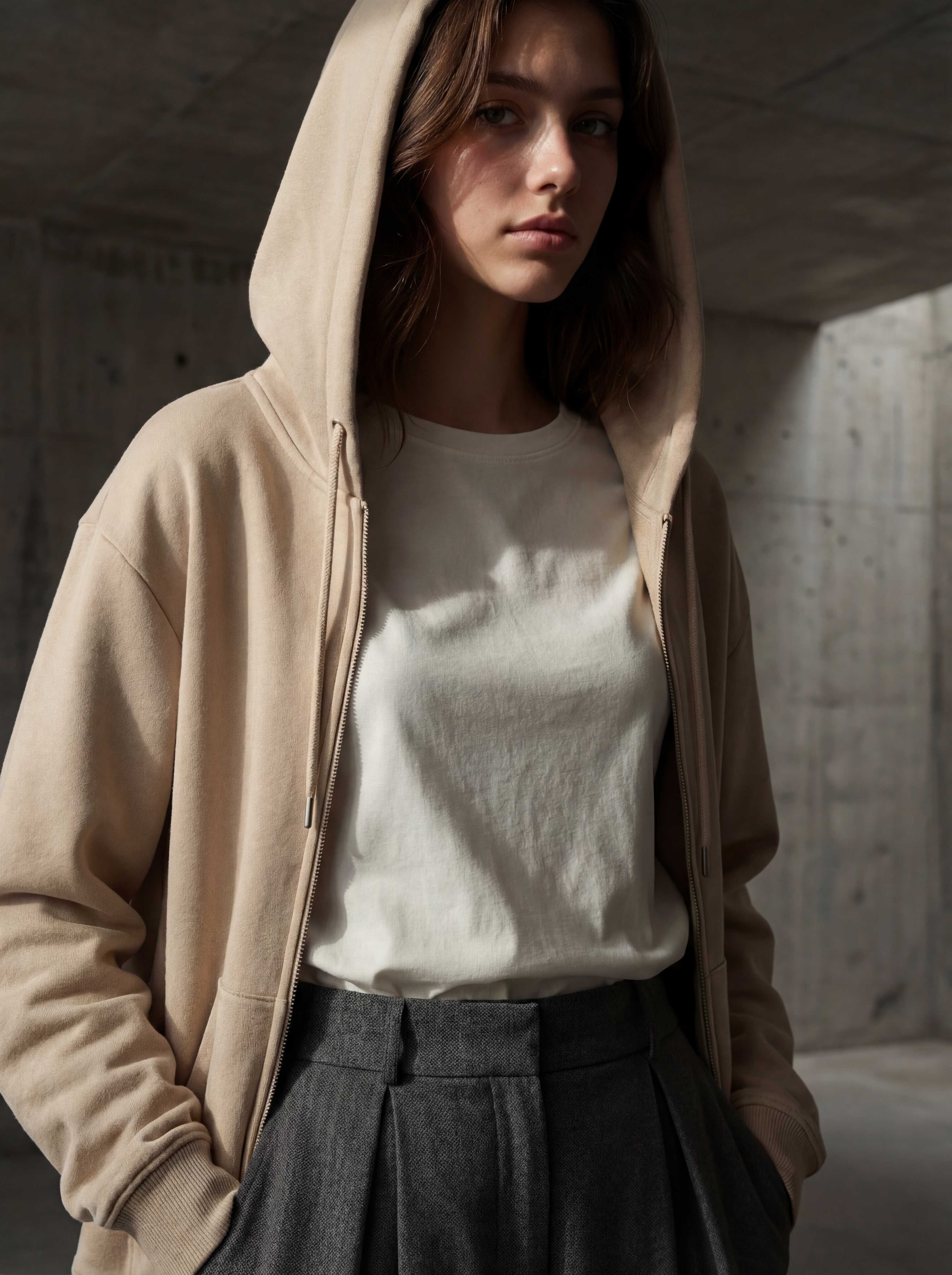 Sand hoodie over white tee, concrete interior, dramatic light