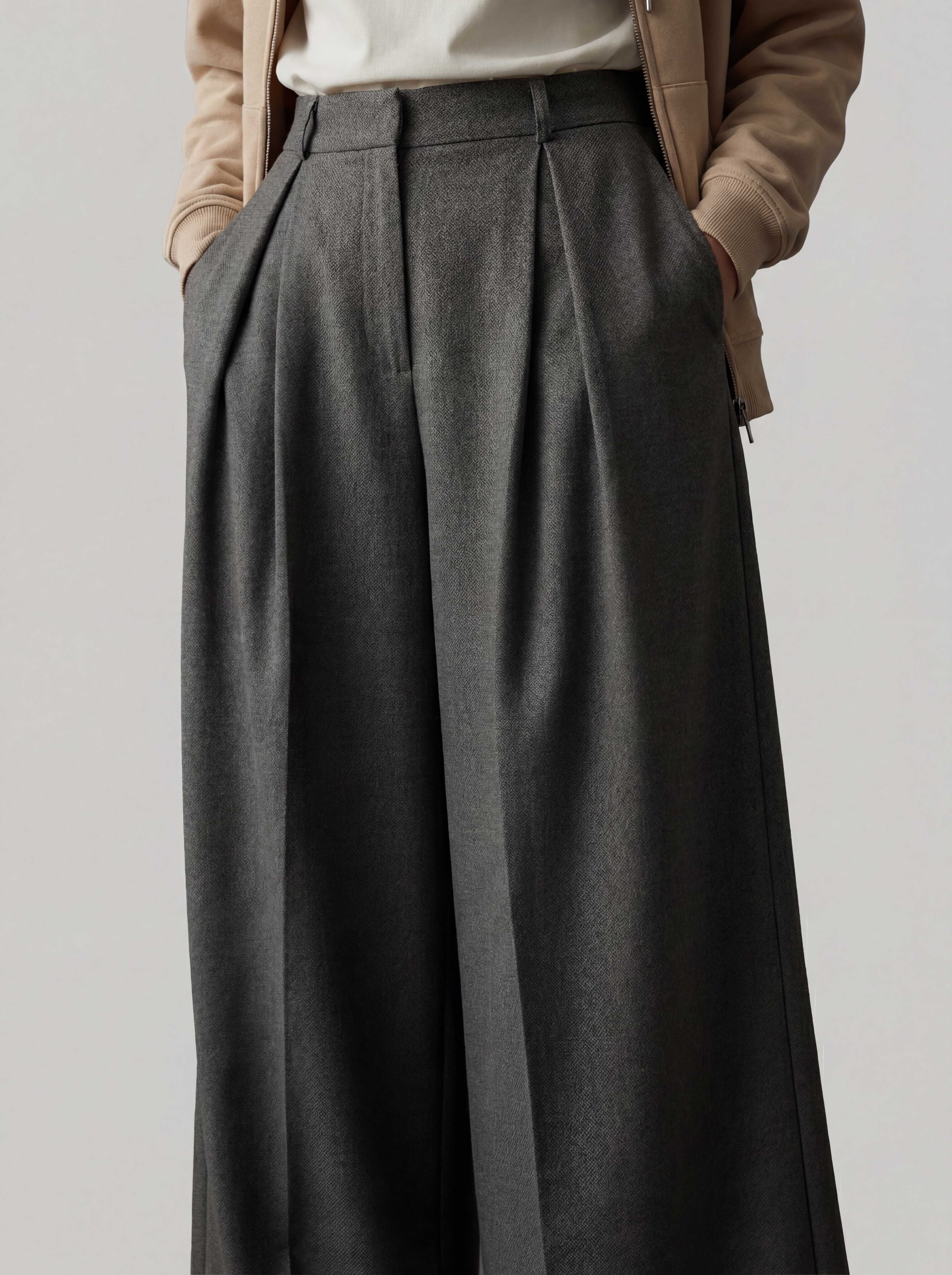 Charcoal wide-leg pleated trouser detail