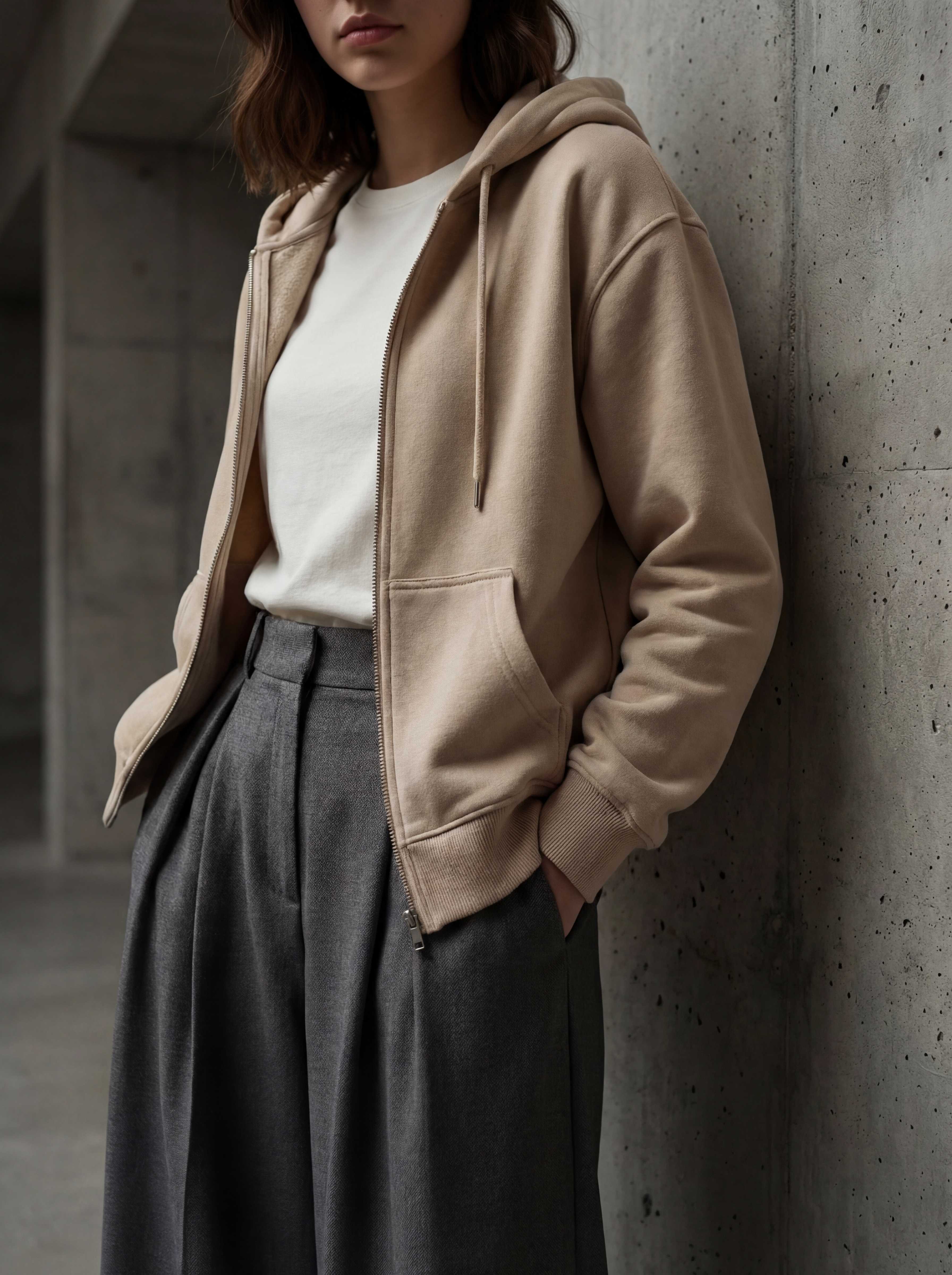 Sand hoodie against concrete wall, full outfit