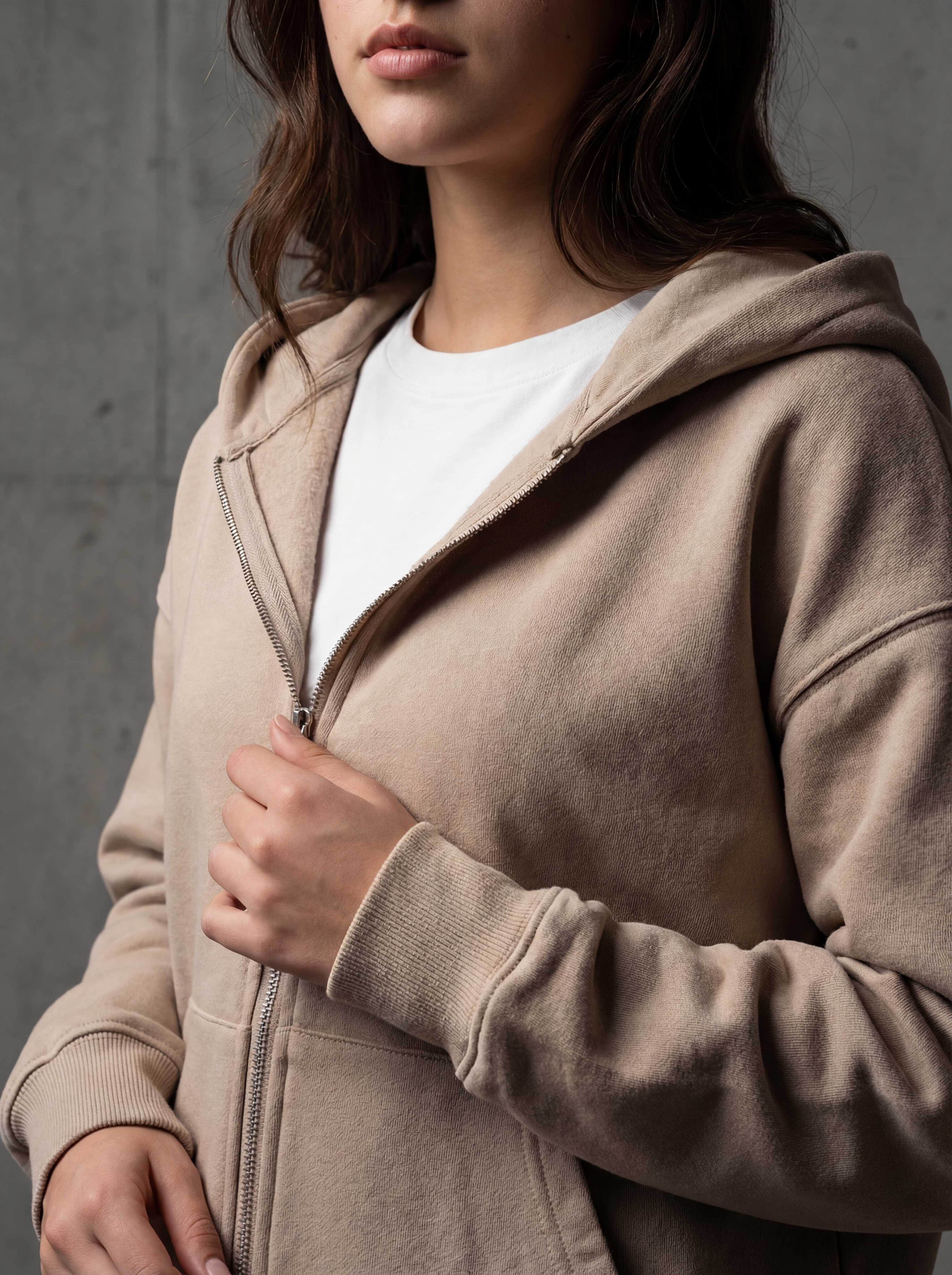 Sand hoodie zipper close-up, texture detail