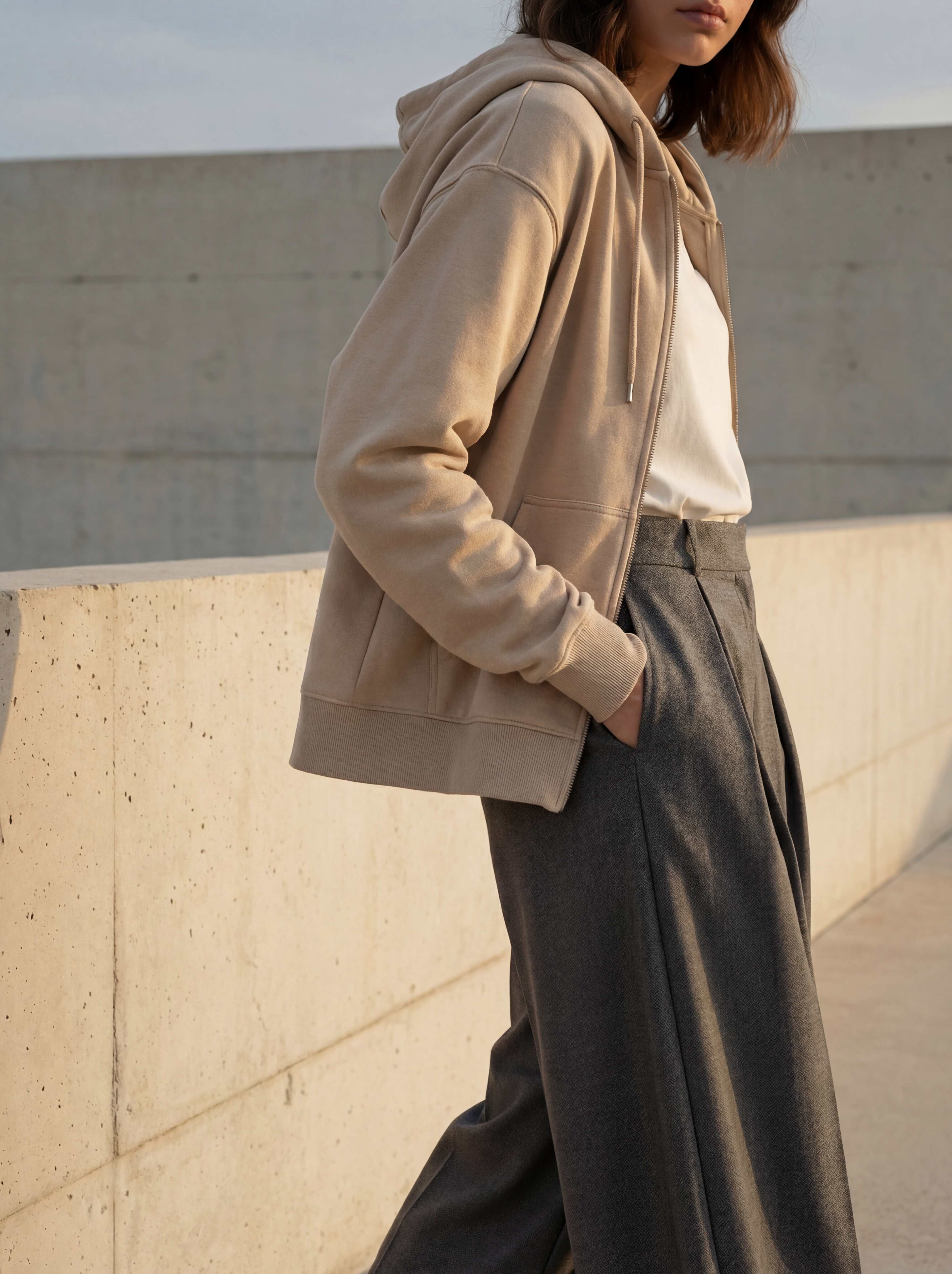 Profile walking shot, sand hoodie and charcoal trousers