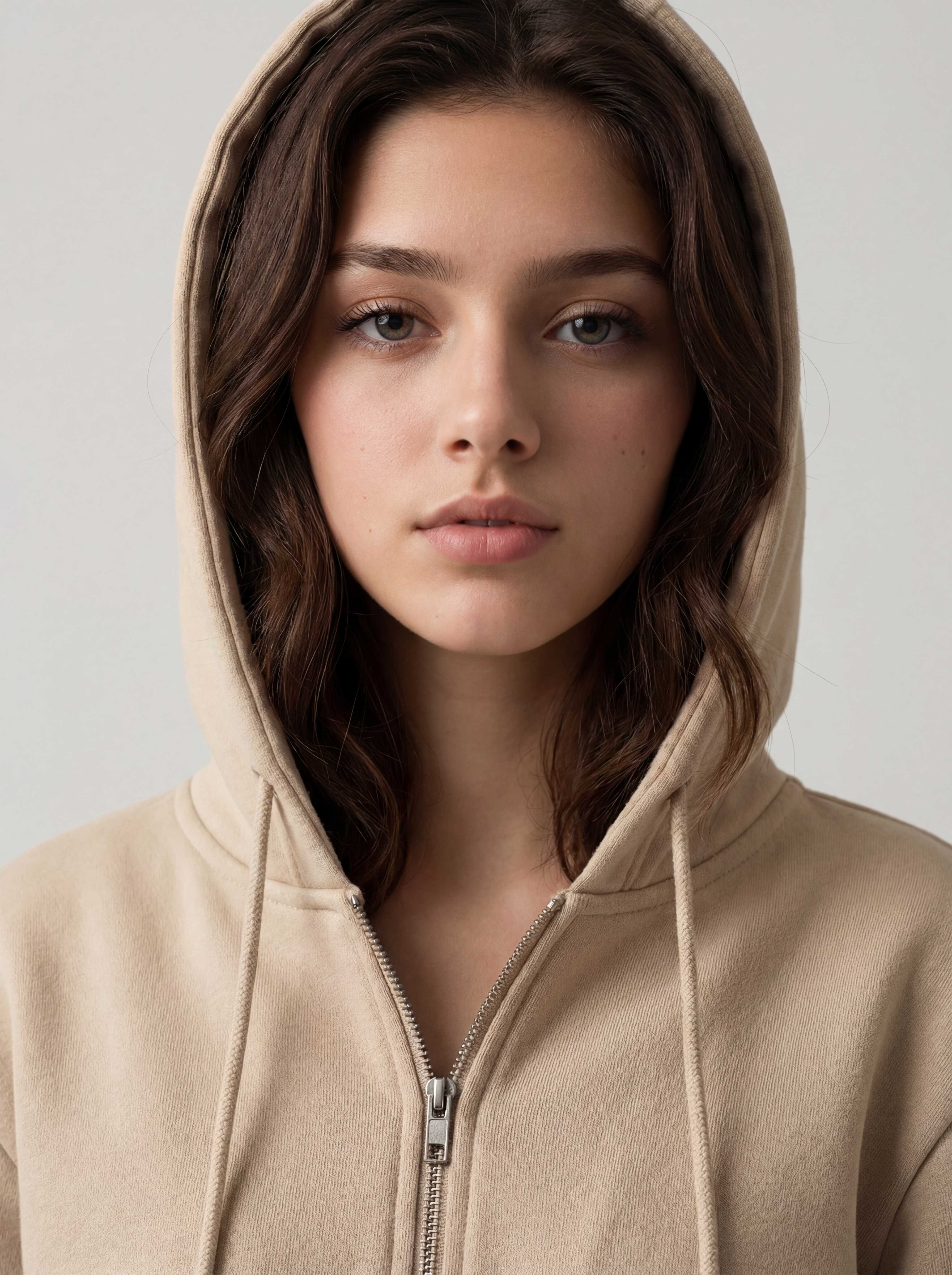 Model portrait with hood up, sand hoodie