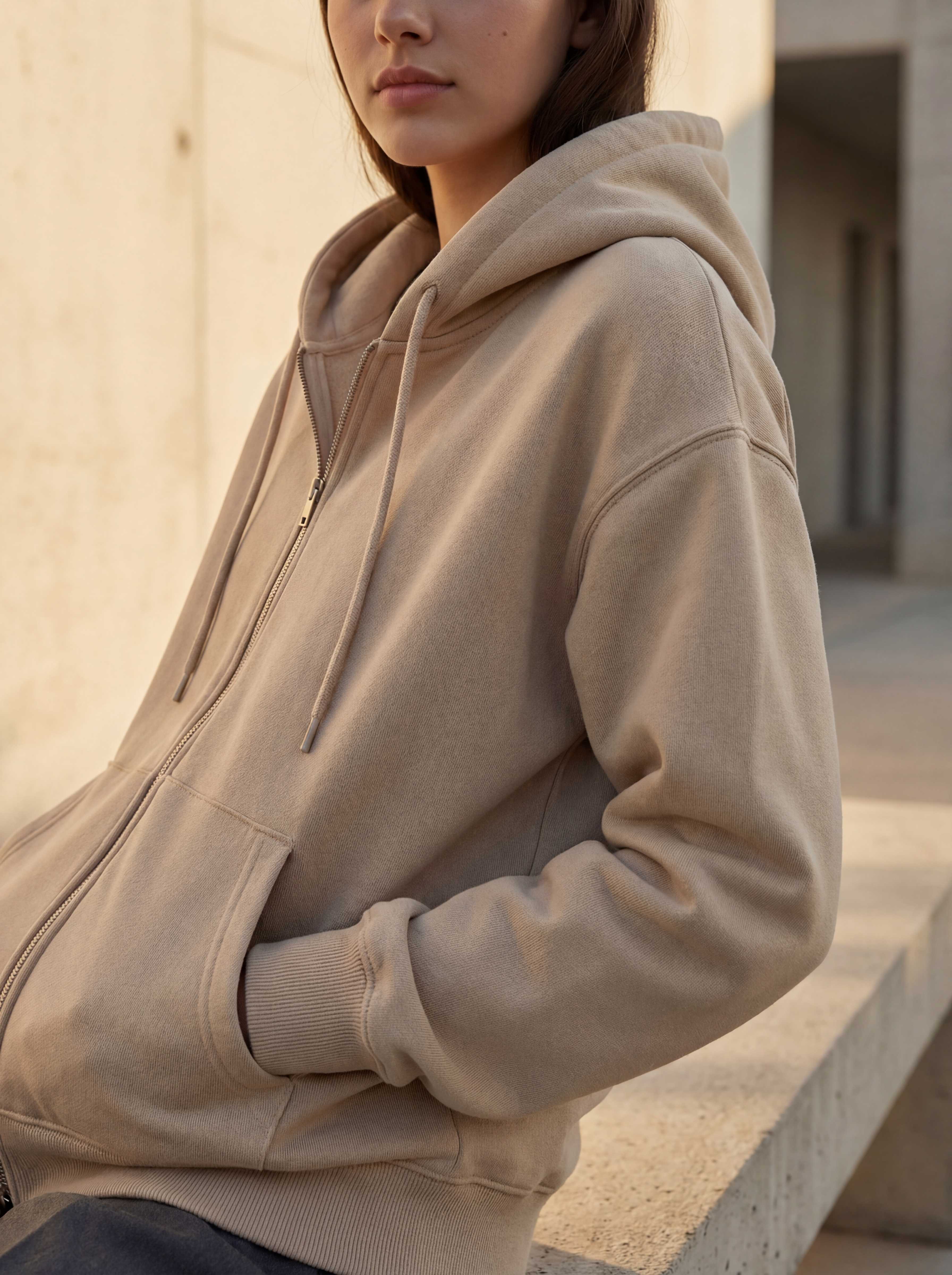 Sand hoodie seated on concrete steps, golden hour