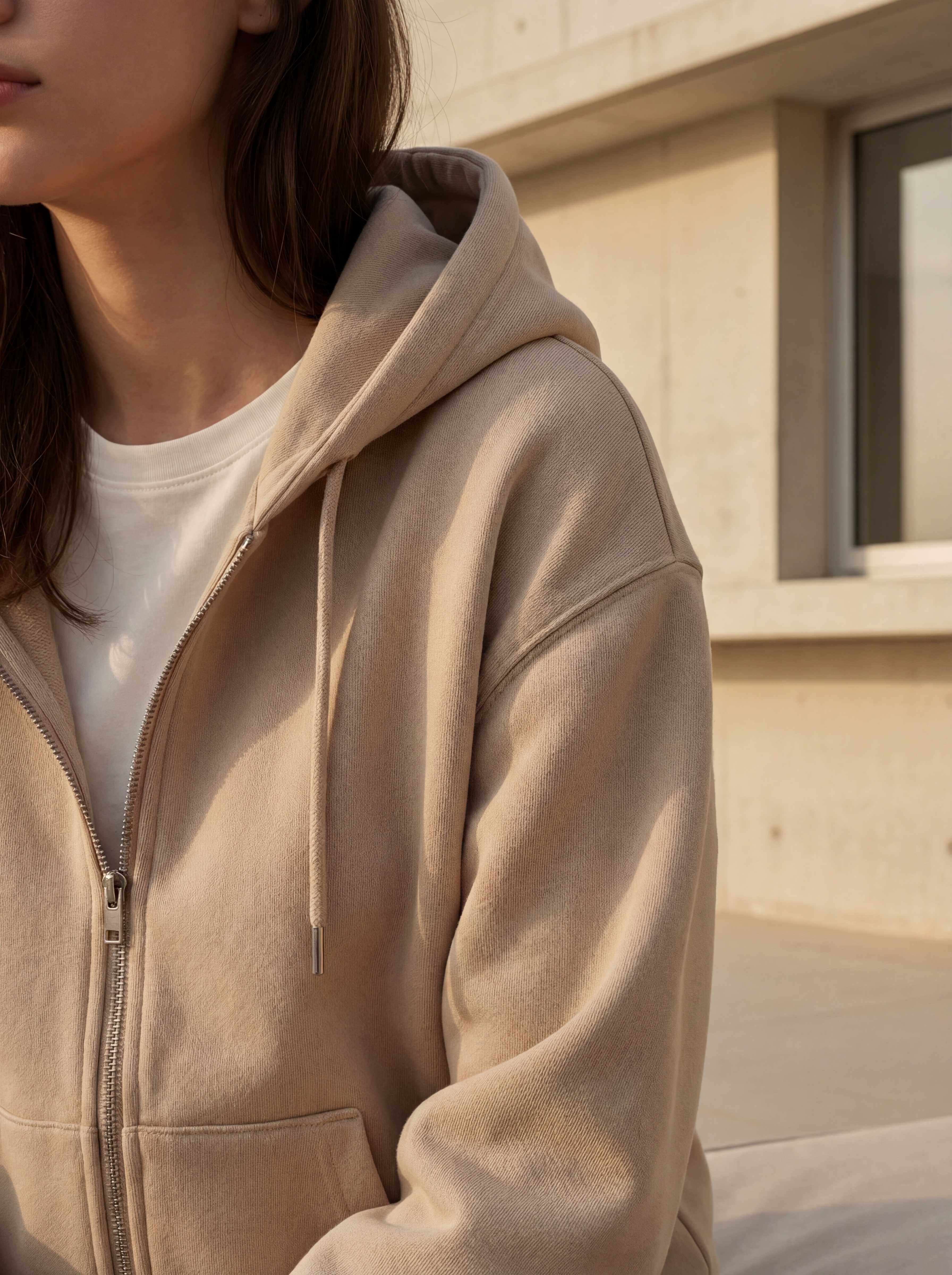 Sand hoodie torso detail with architectural background