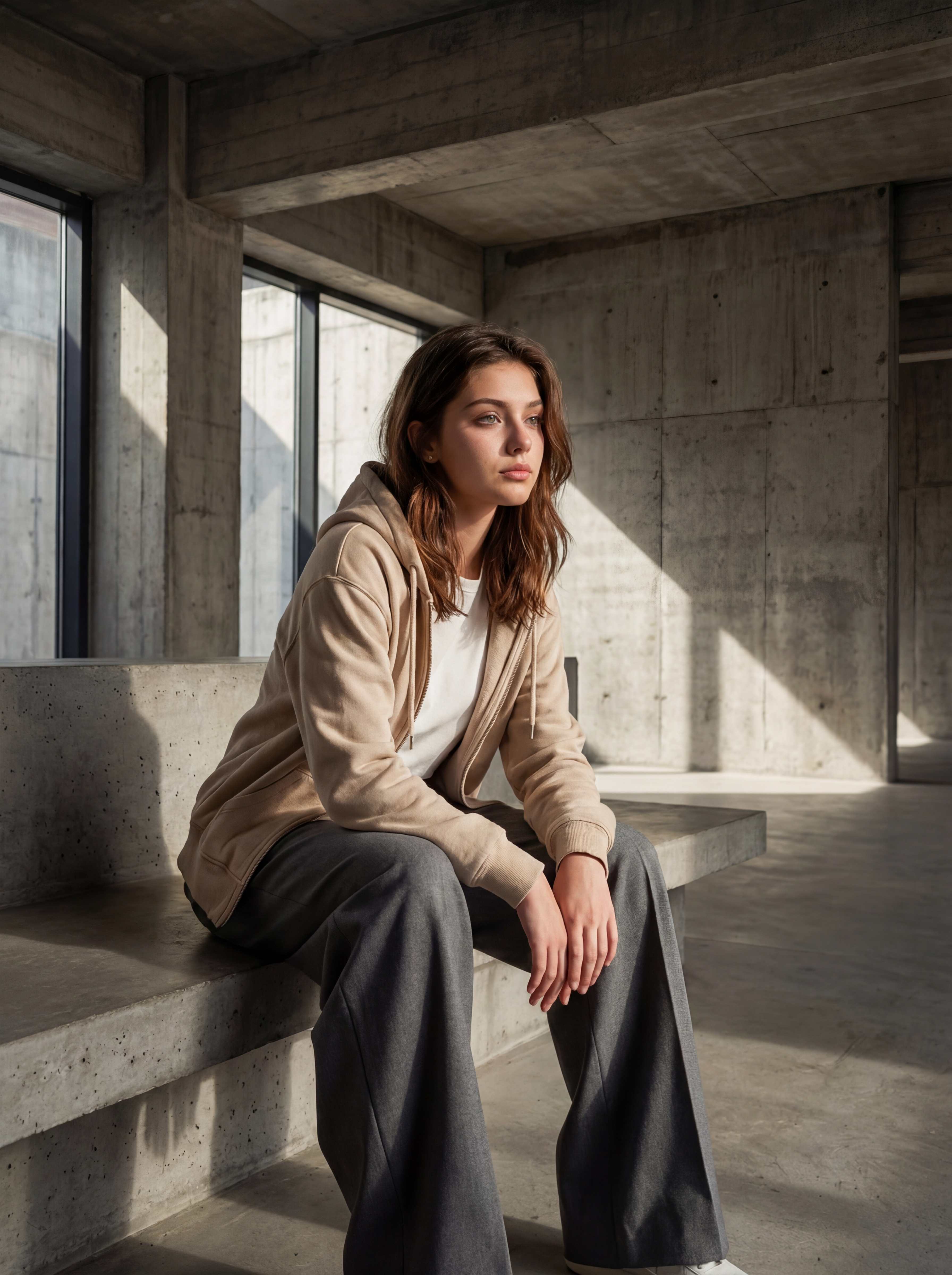 Seated on concrete bench, wide architectural interior