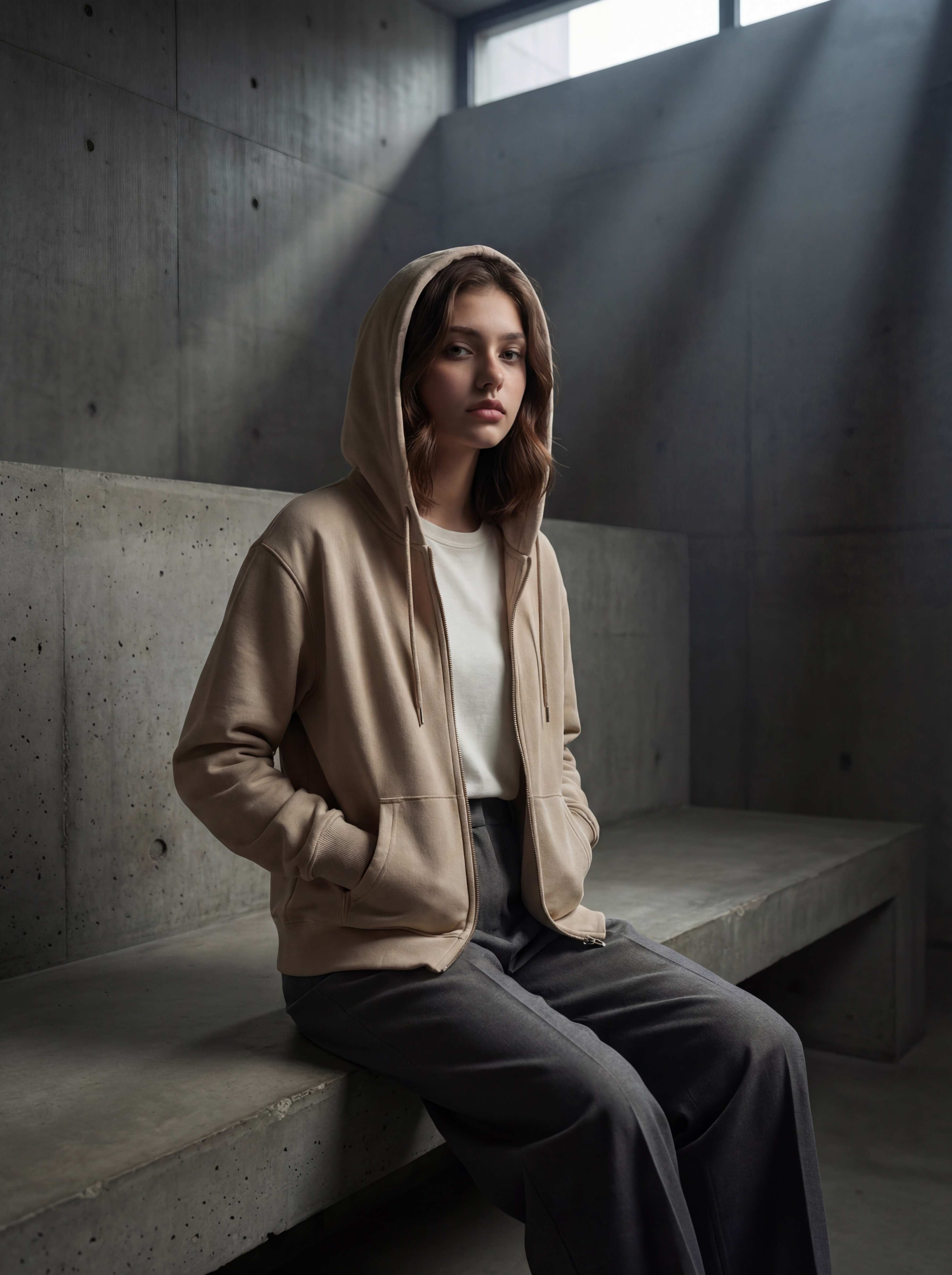 Hood up, seated with dramatic overhead light beam