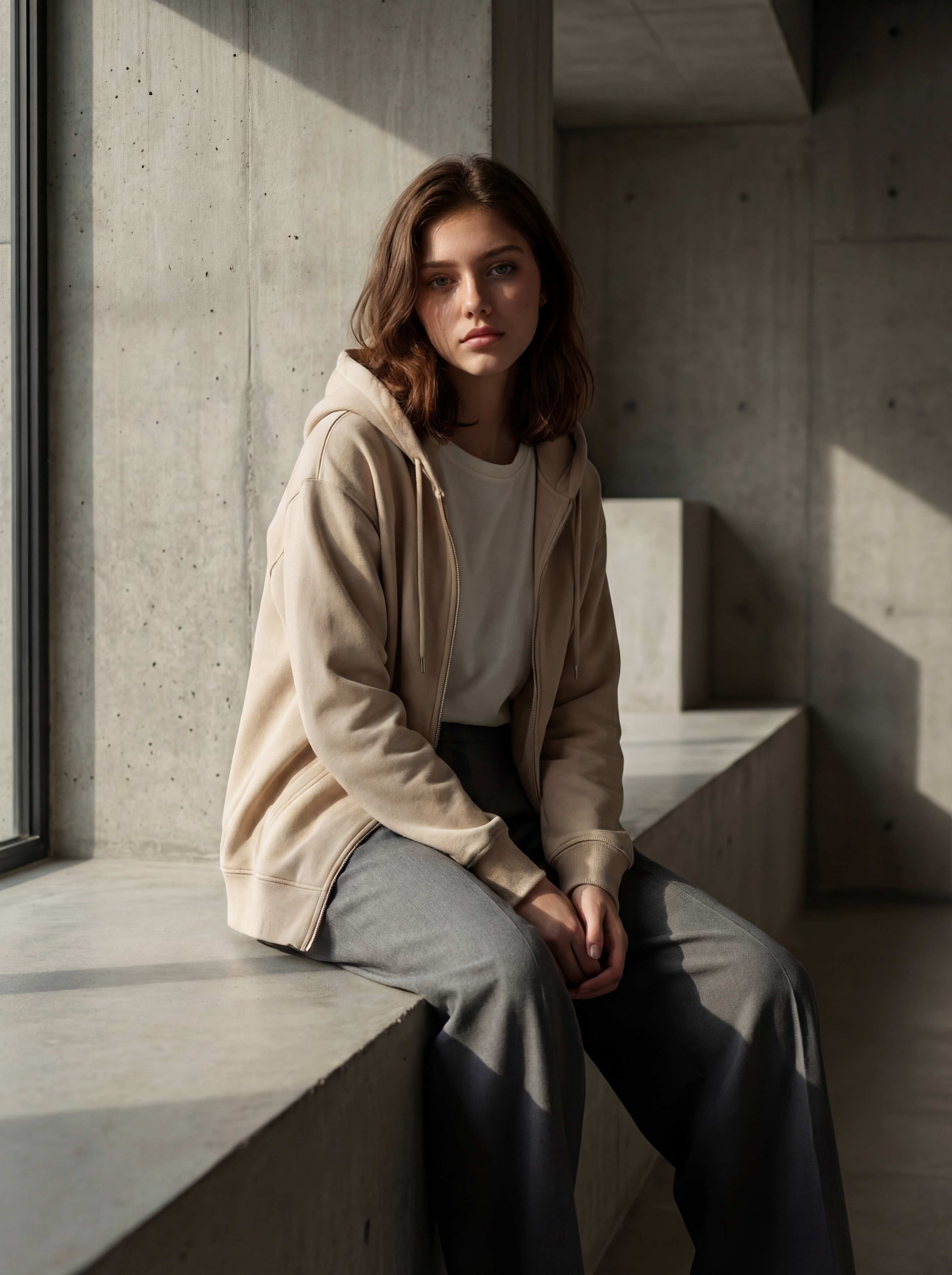 Seated by window ledge, concrete staircase behind