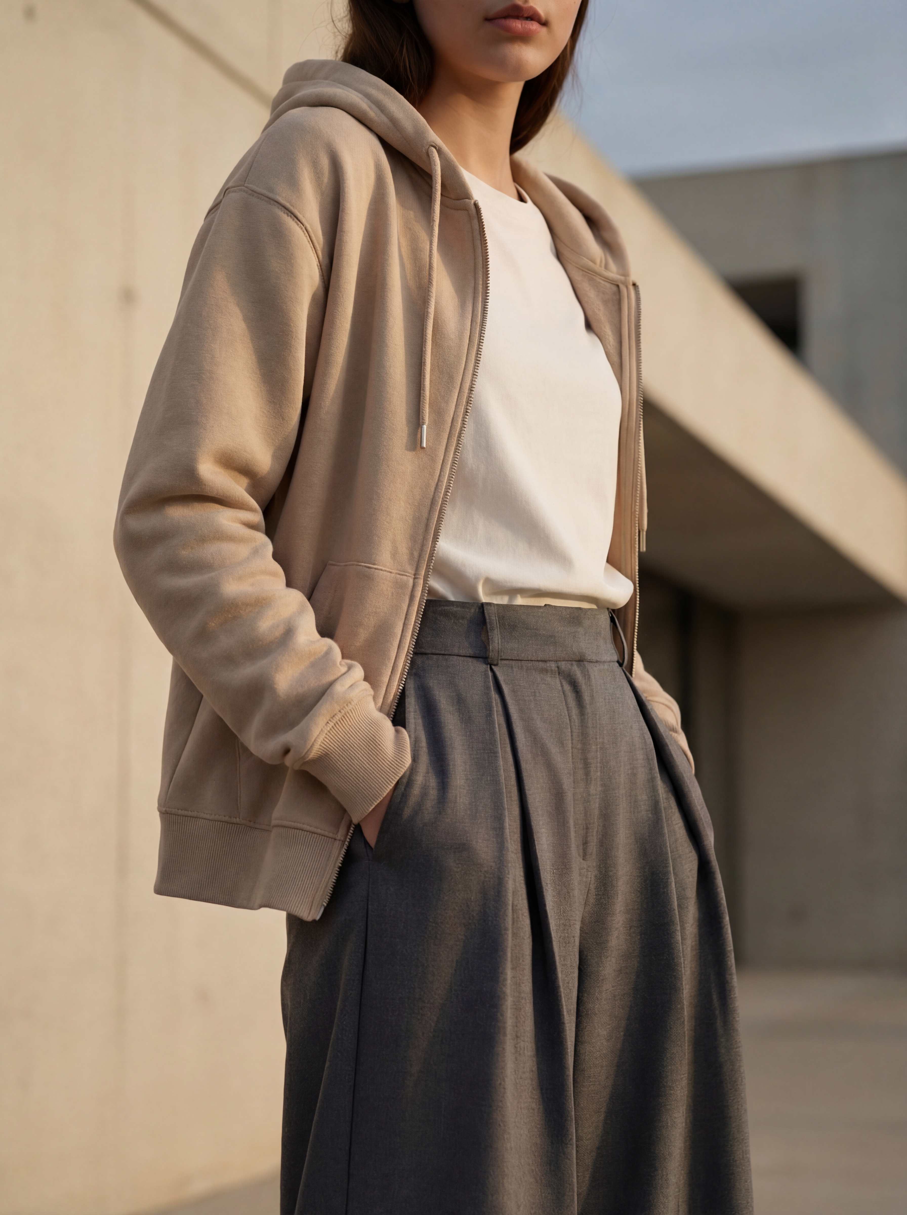 Sand hoodie over charcoal trousers, exterior angular concrete