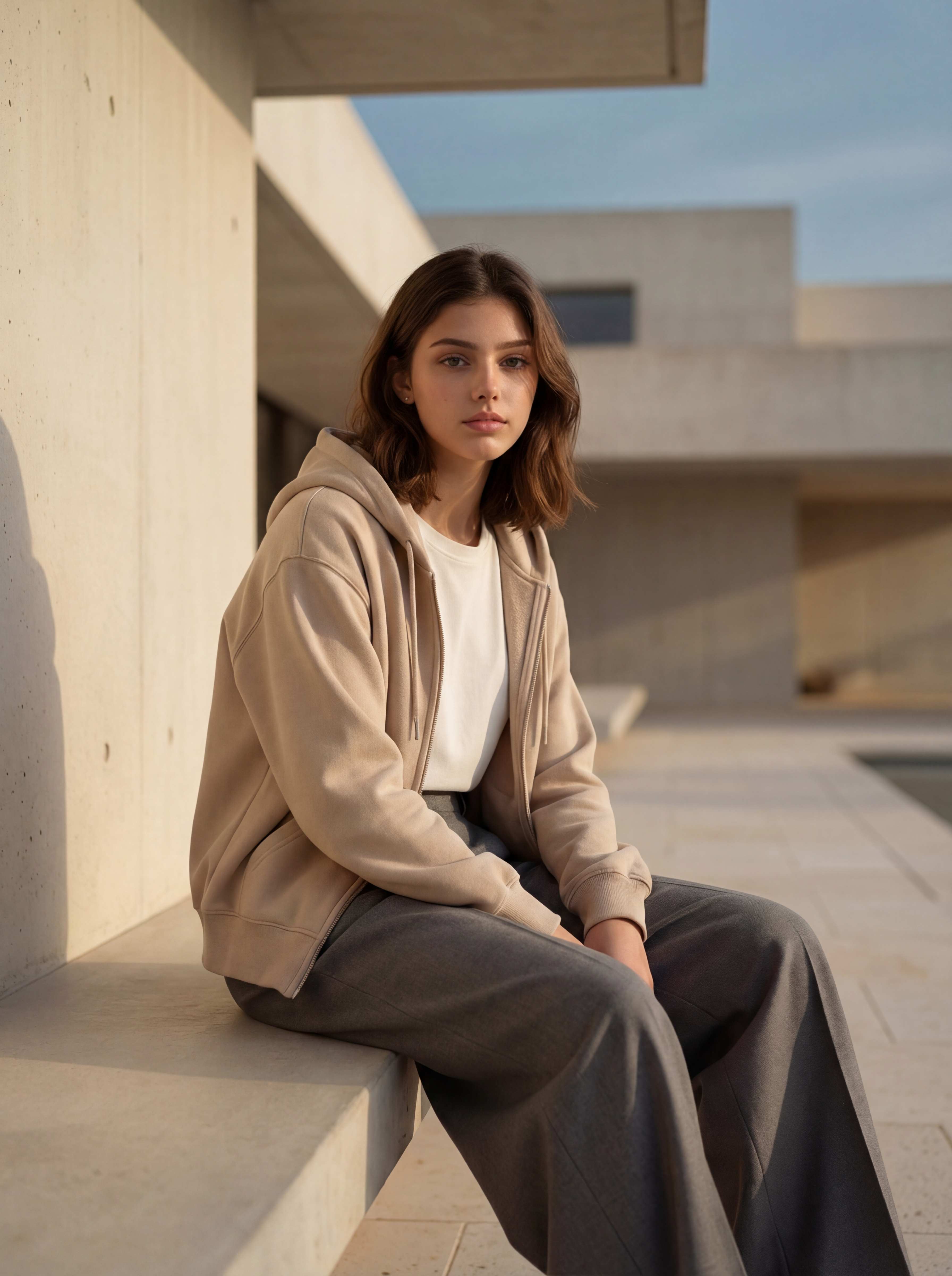 Seated exterior, modernist concrete with blue sky