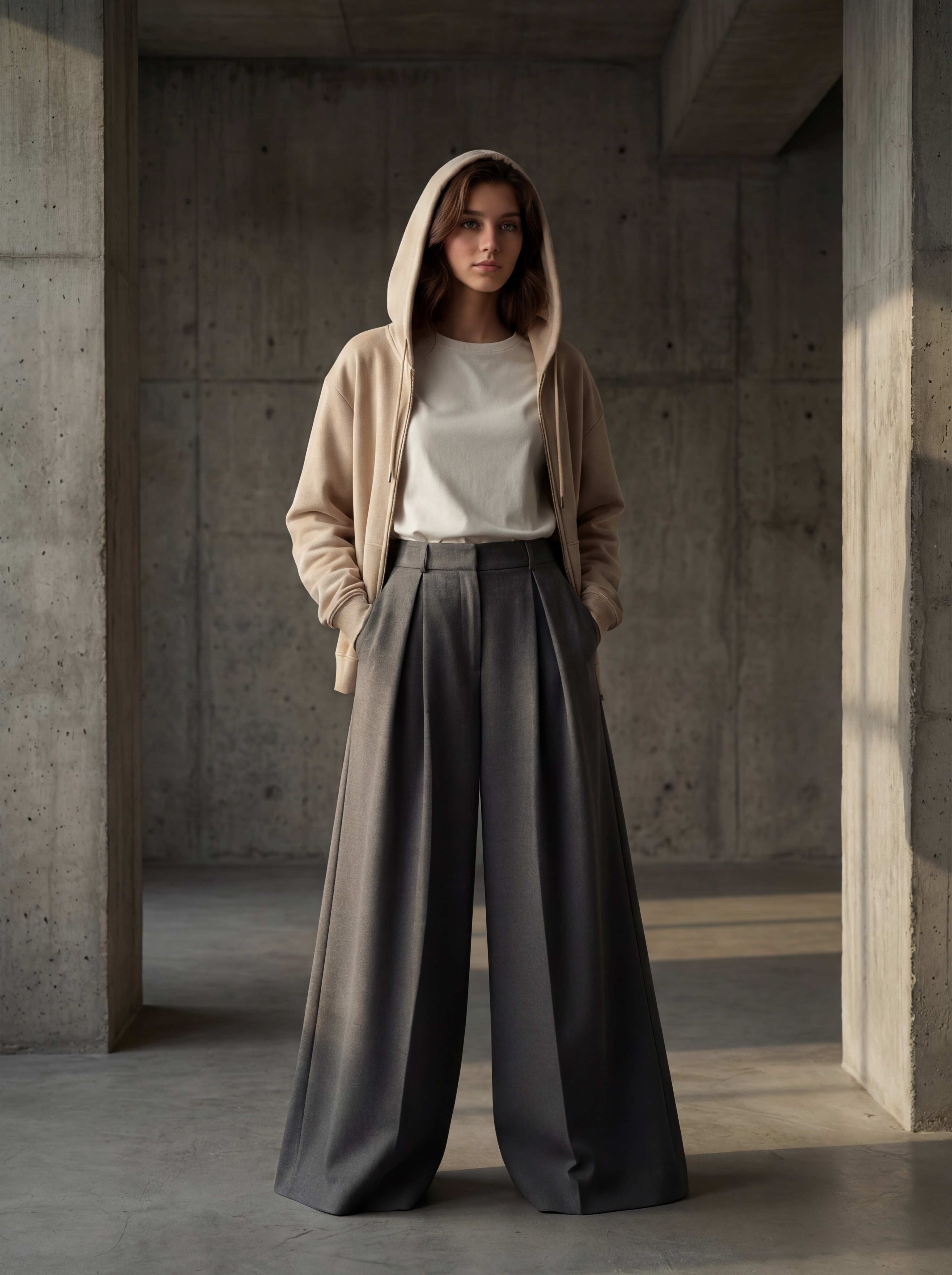 Full length standing, hood up, wide-leg trousers, concrete corridor