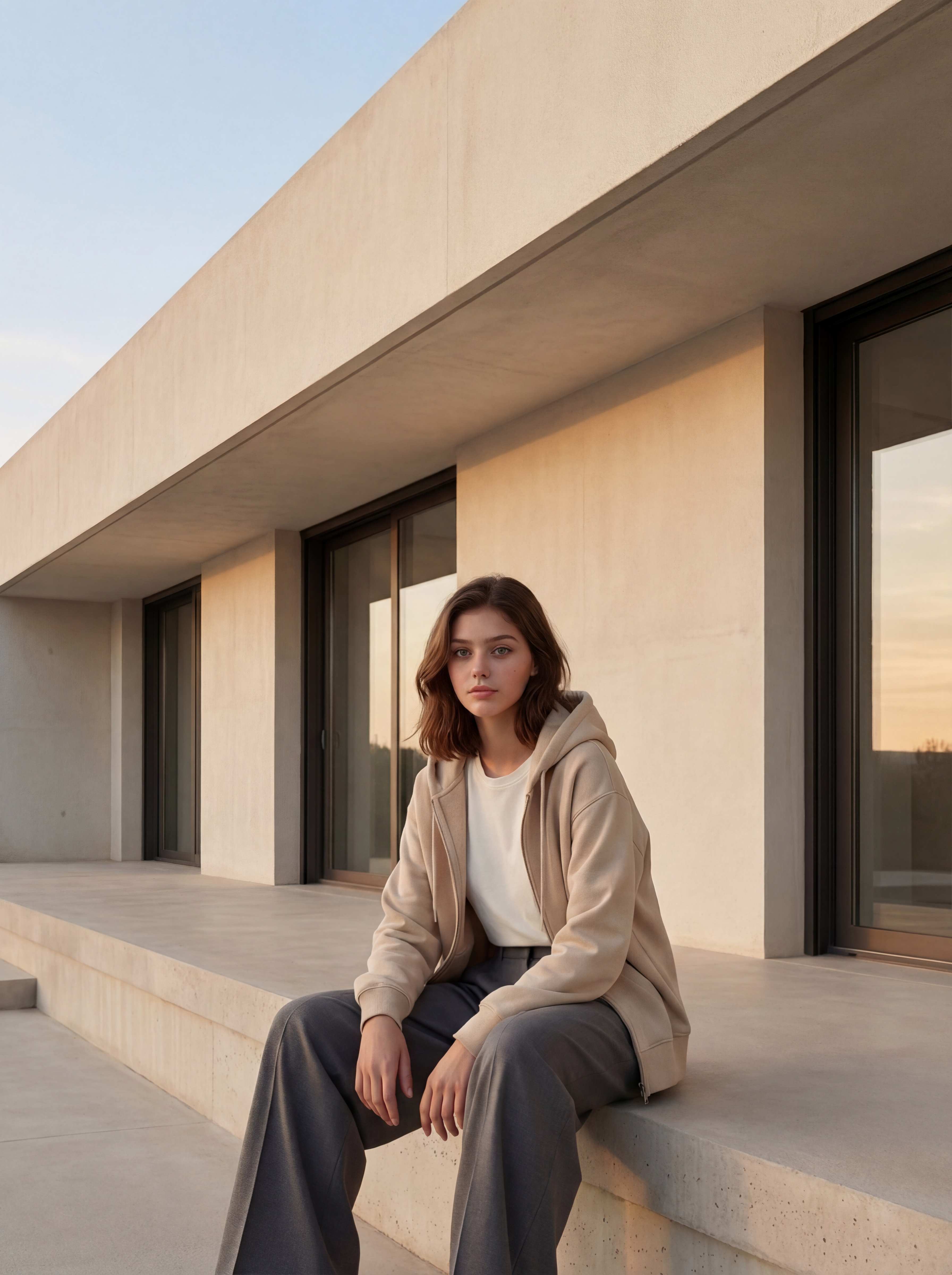 Seated exterior modernist building, sunset light