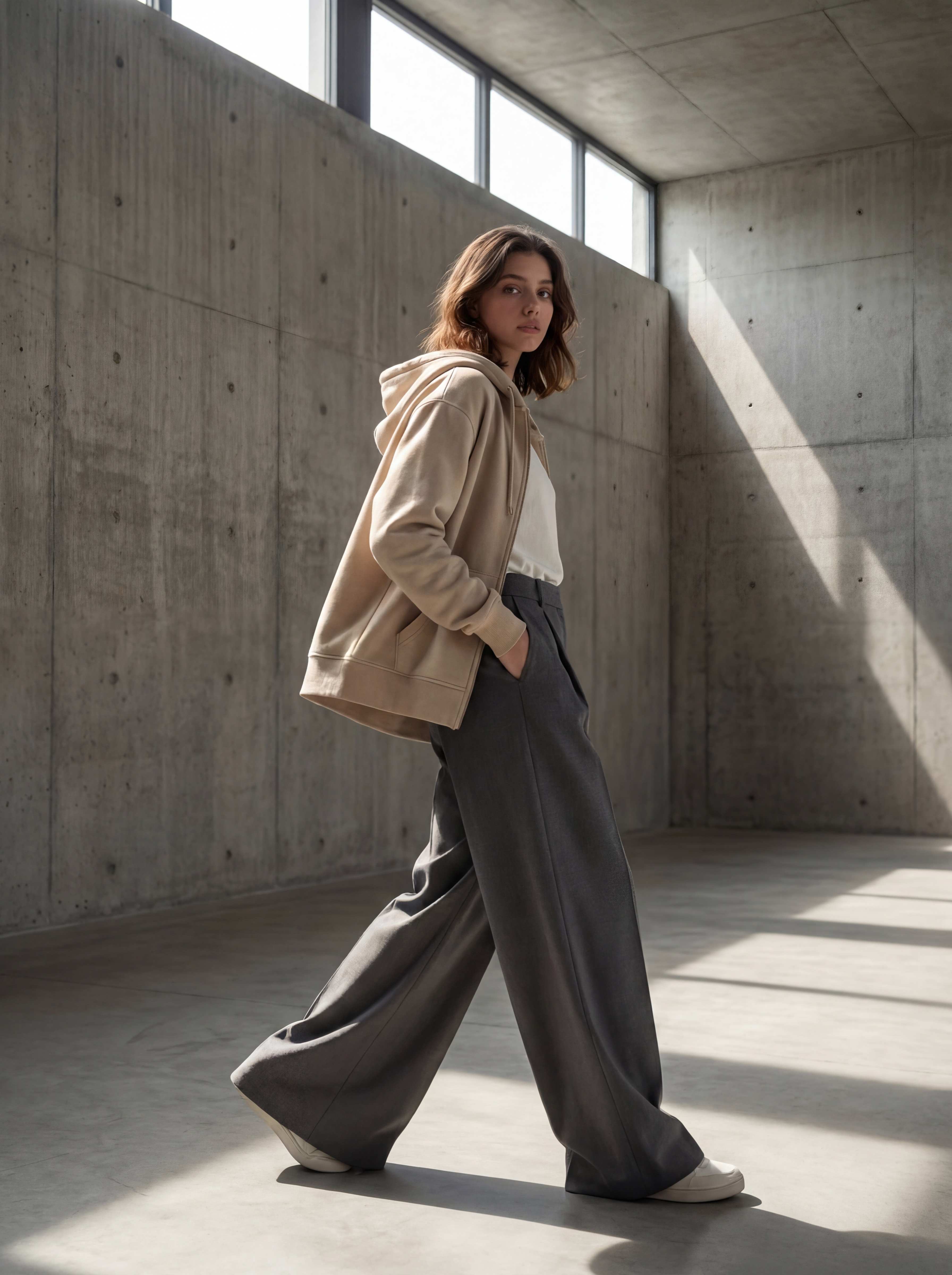 Walking mid-stride, concrete interior with dramatic light