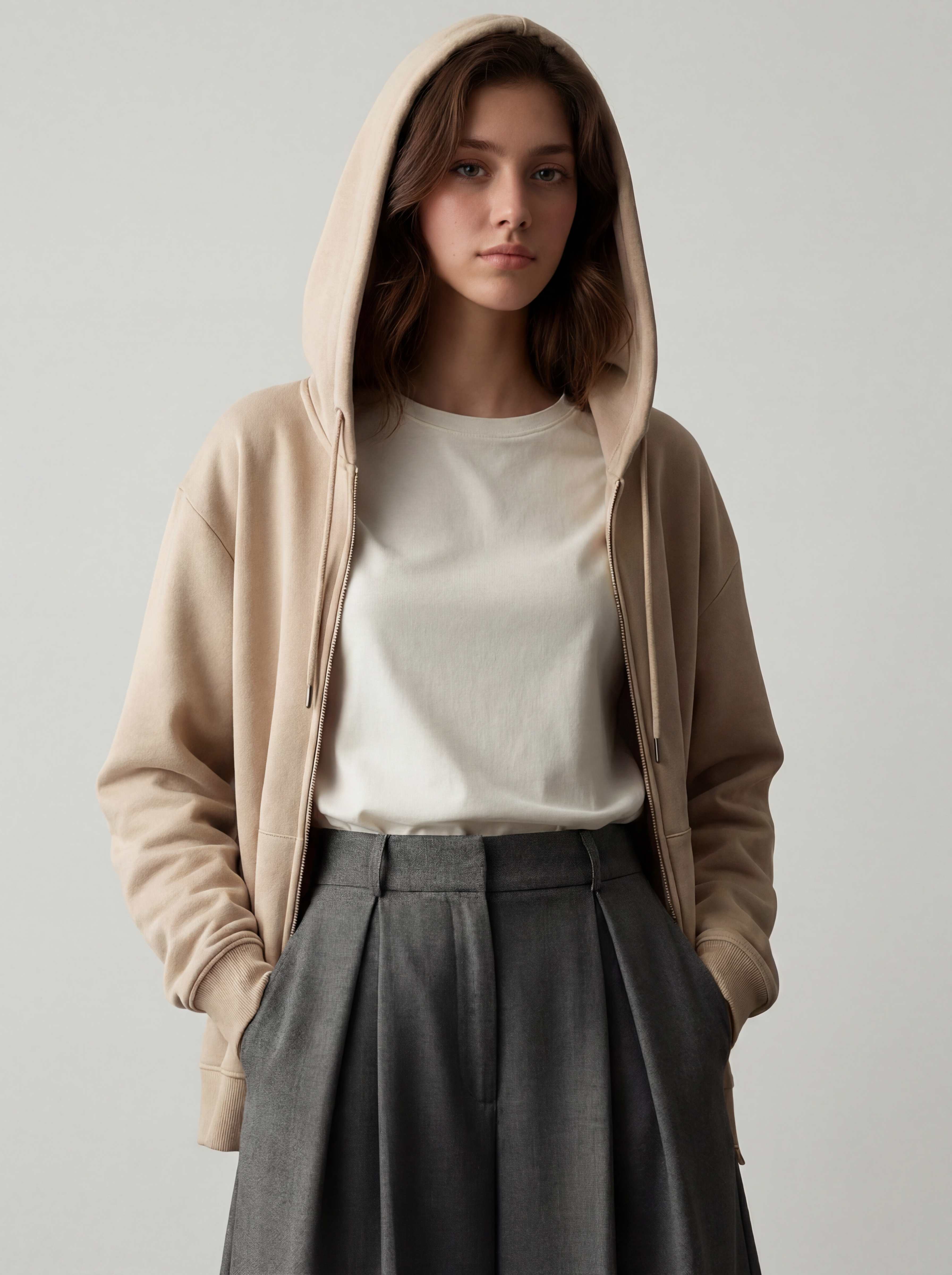 Hood up, front view, sand hoodie over white tee and charcoal trousers