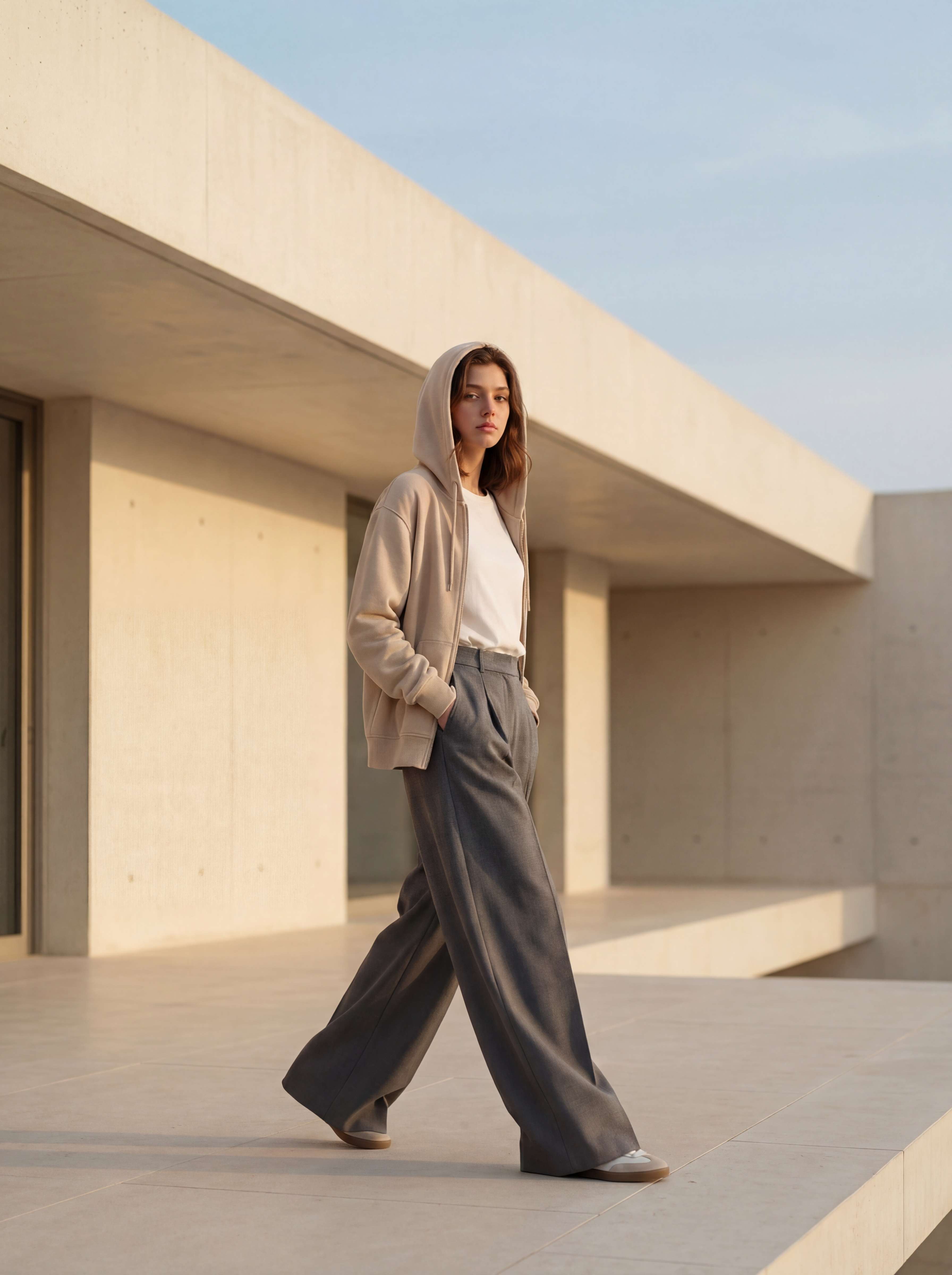Full length walking on modernist terrace, hood up, blue sky