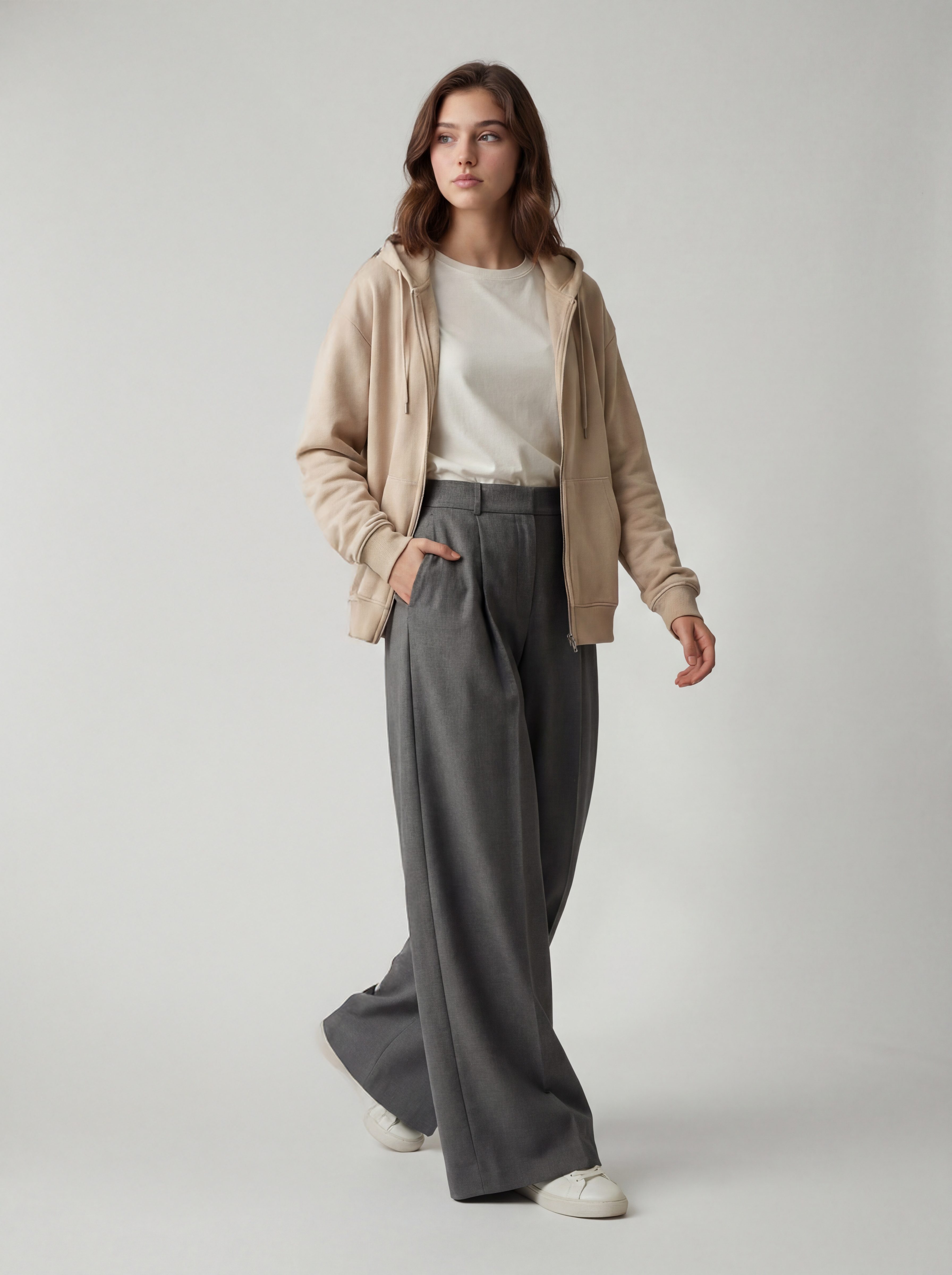 Full length studio, relaxed pose, sand hoodie and charcoal trousers