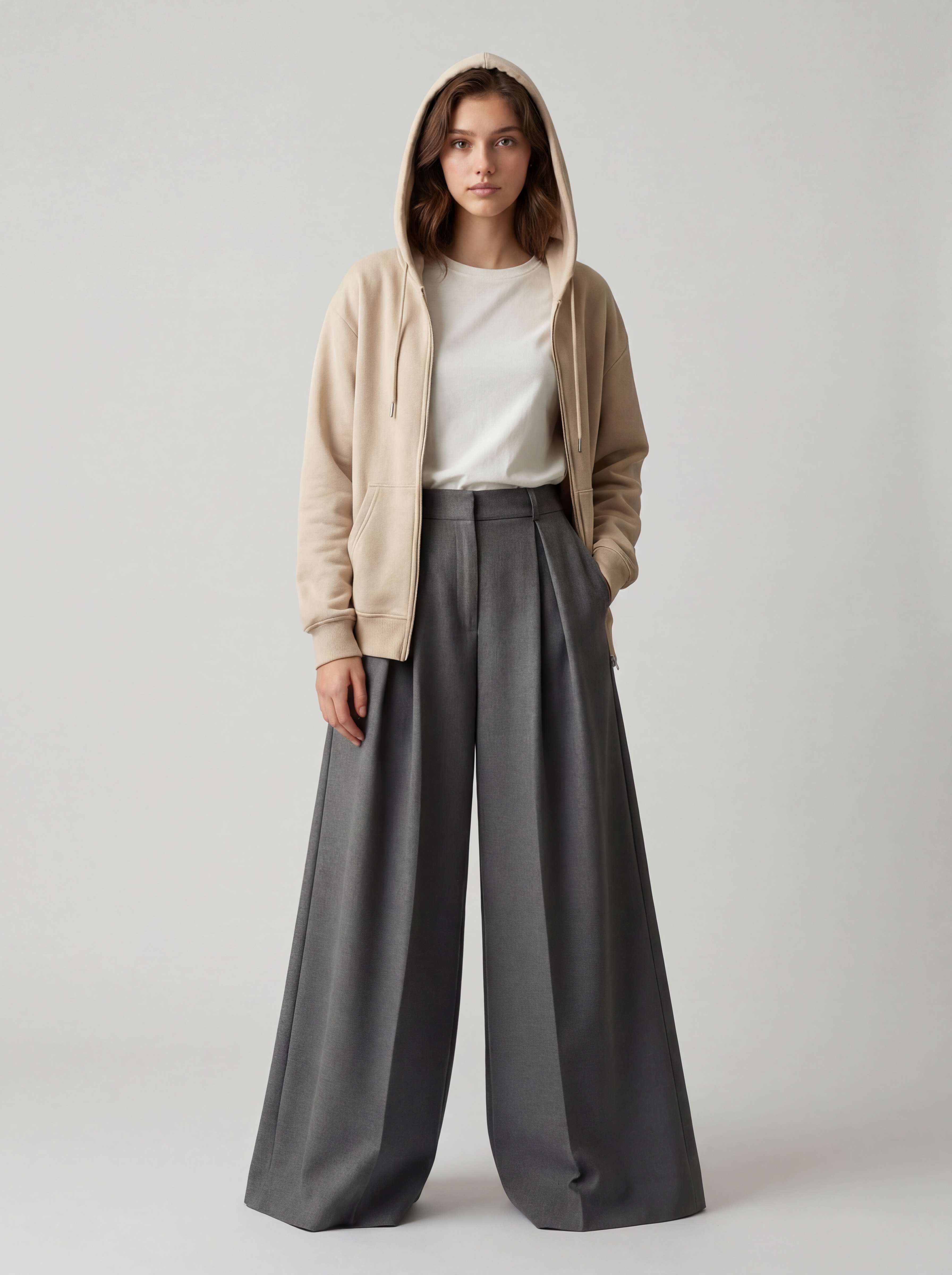 Full length studio, hood up, ultra-wide charcoal trousers, direct gaze