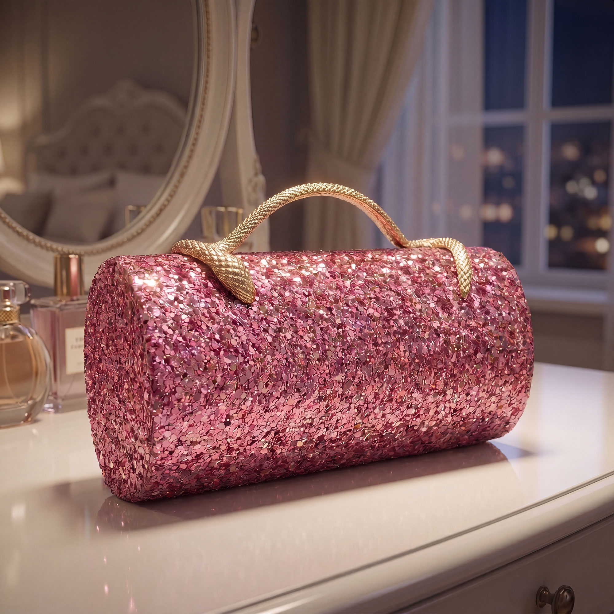 Verano Hill glitter clutch on a vanity with mirror and perfume — in-situ lifestyle