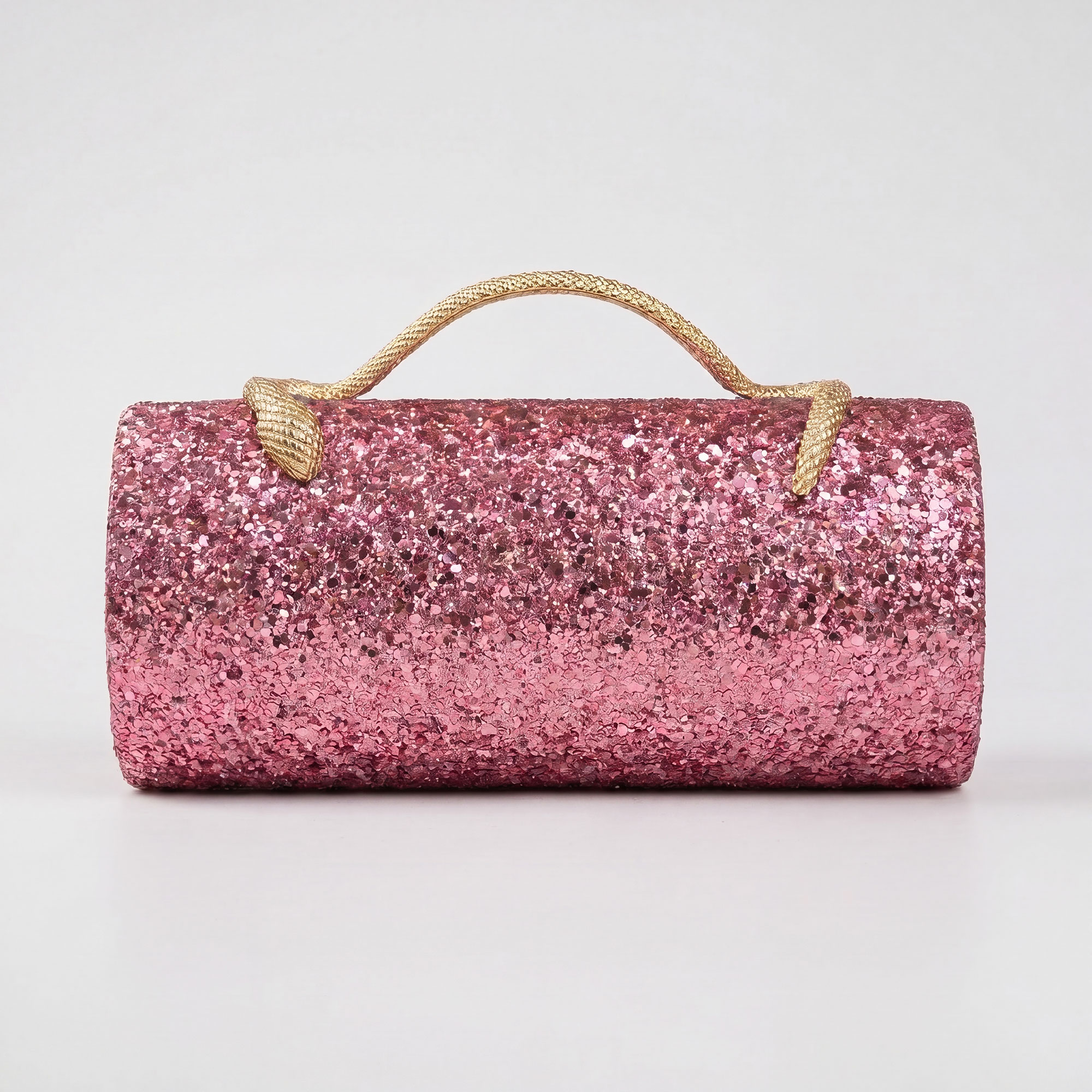 Reconstructed Verano Hill pink glitter clutch with gold serpent handle — studio packshot